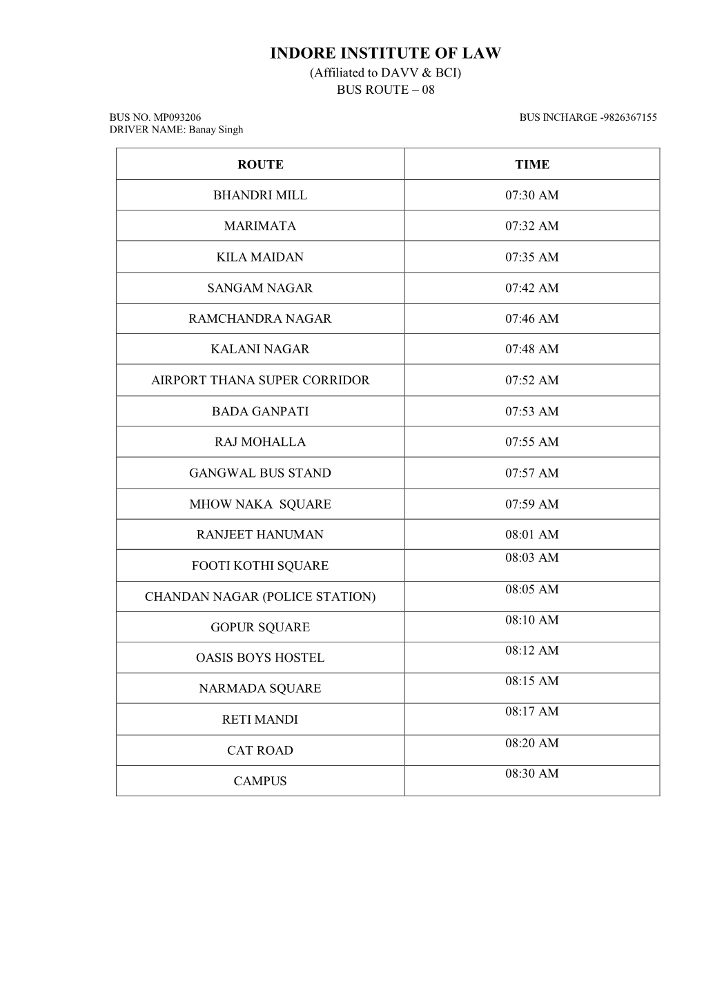 INDORE INSTITUTE of LAW (Affiliated to DAVV & BCI) BUS ROUTE – 08