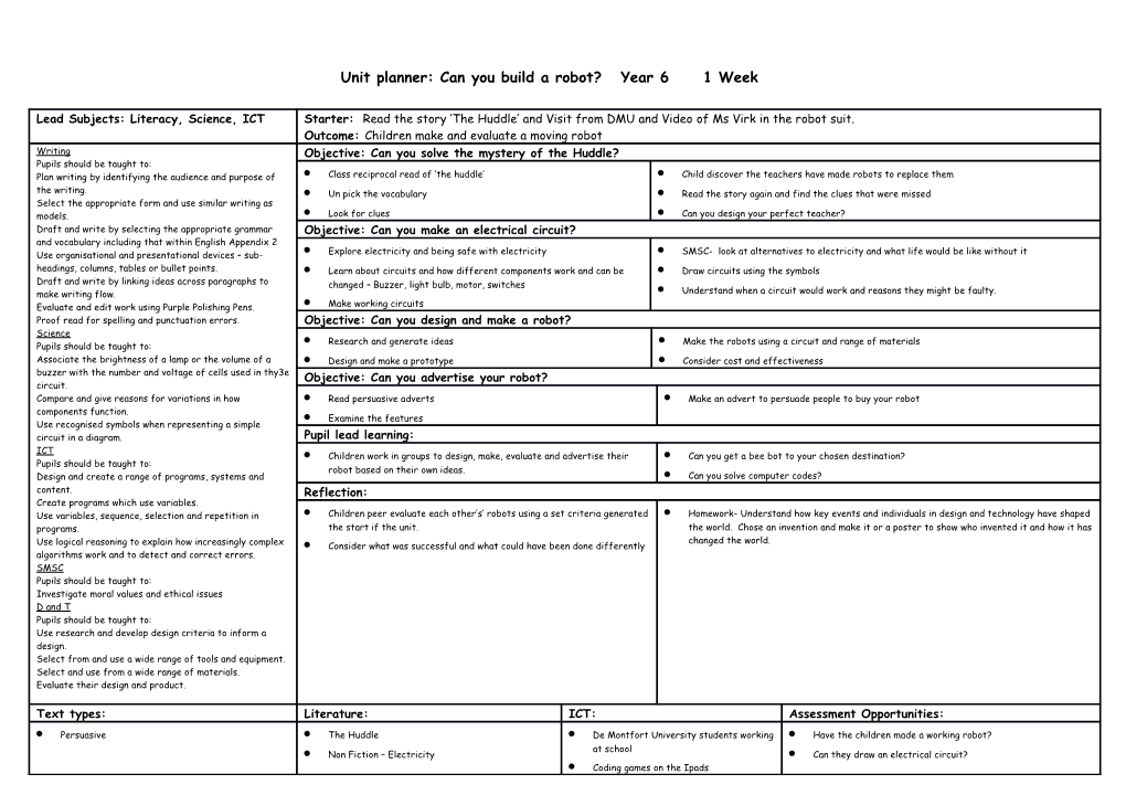 Unit Planner: Can You Build a Robot? Year 6 1 Week