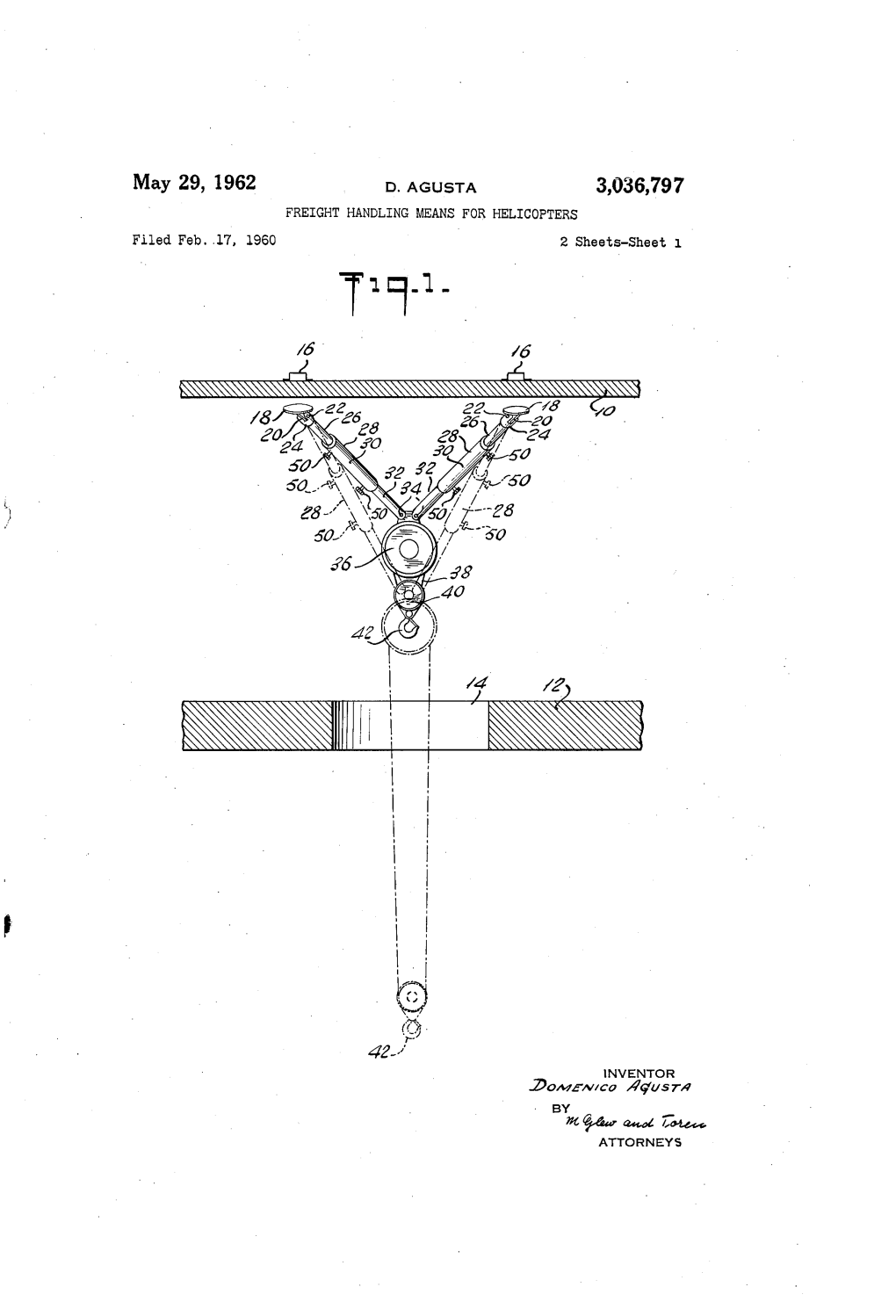May 29, 1962 D. AGUSTA 3,036,797 FREIGHT HANDLING MEANS for HELICOPTERS