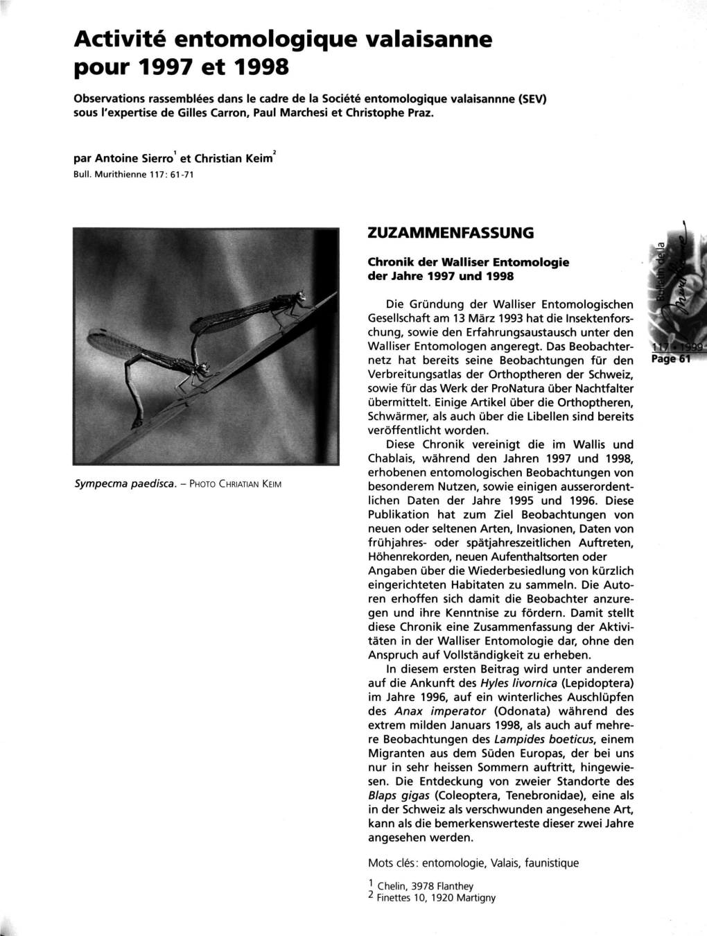 Activité Entomologique Valaisanne Pour 1997 Et 1998