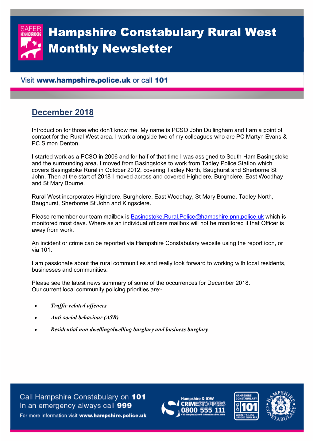 Hampshire Constabulary Rural West Monthly Newsletter