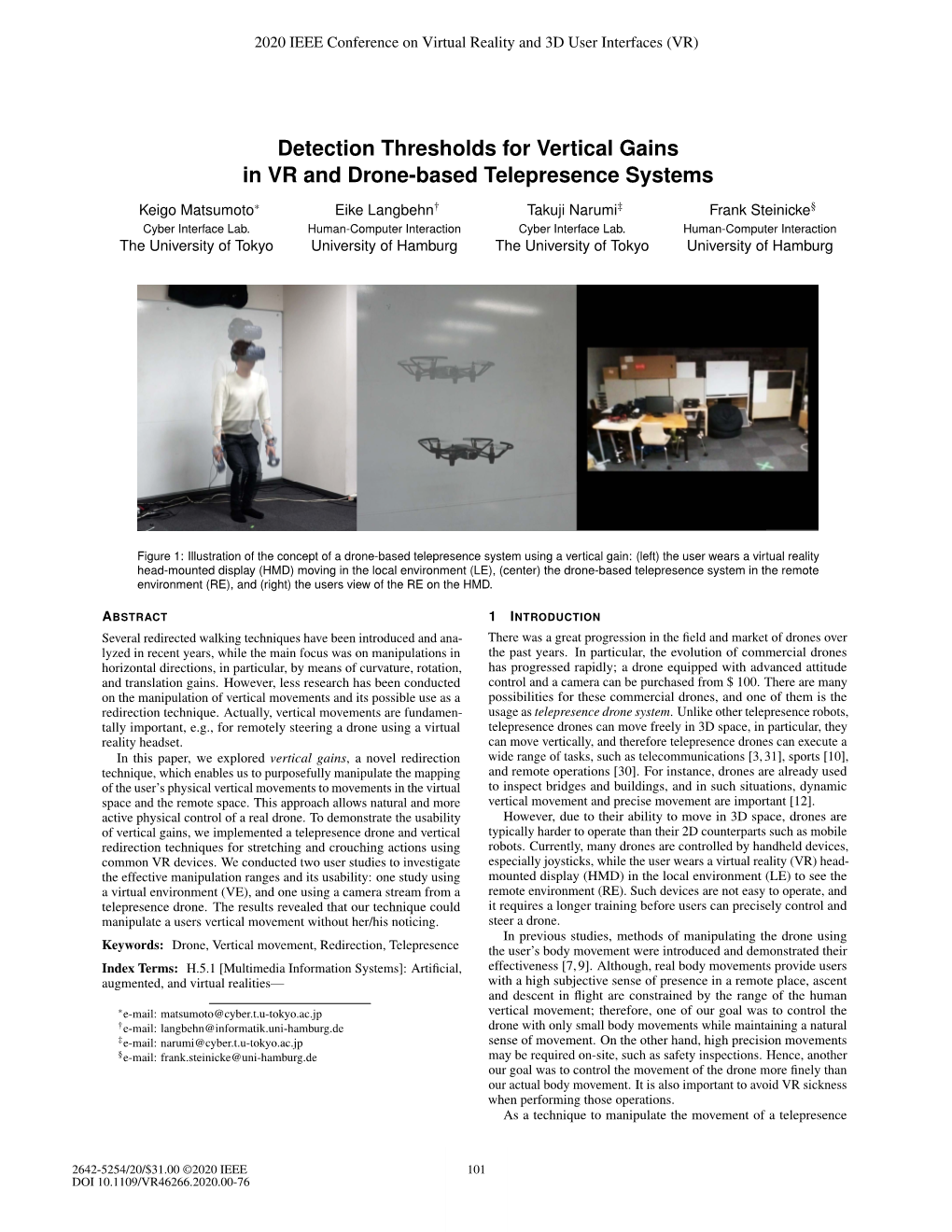 Detection Thresholds for Vertical Gains in VR and Drone-Based Telepresence Systems