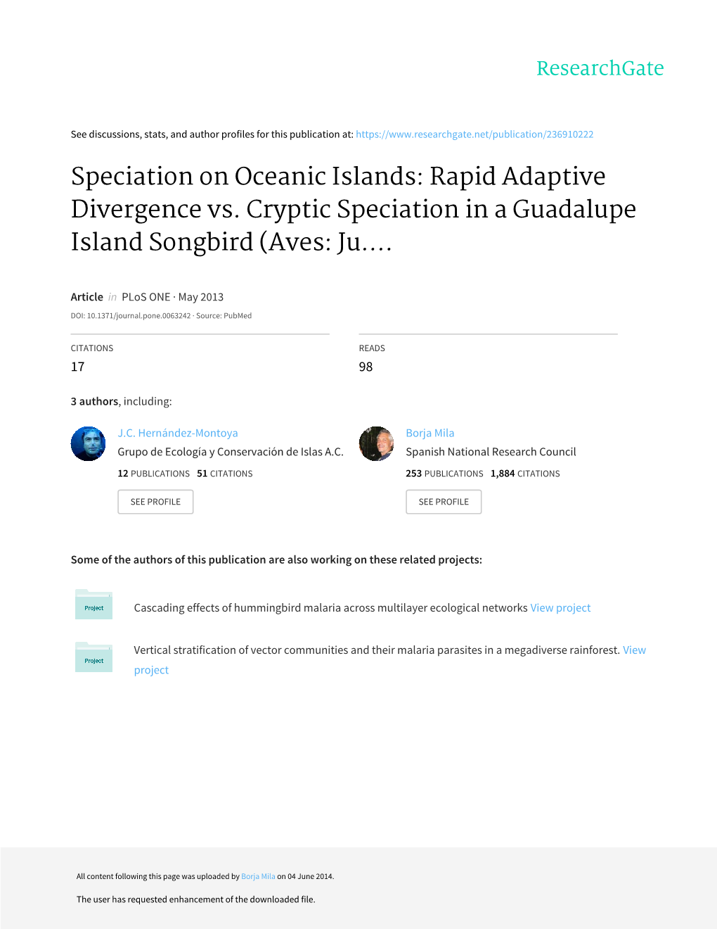 Rapid Adaptive Divergence Vs. Cryptic Speciation in a Guadalupe Island Songbird (Aves: Ju