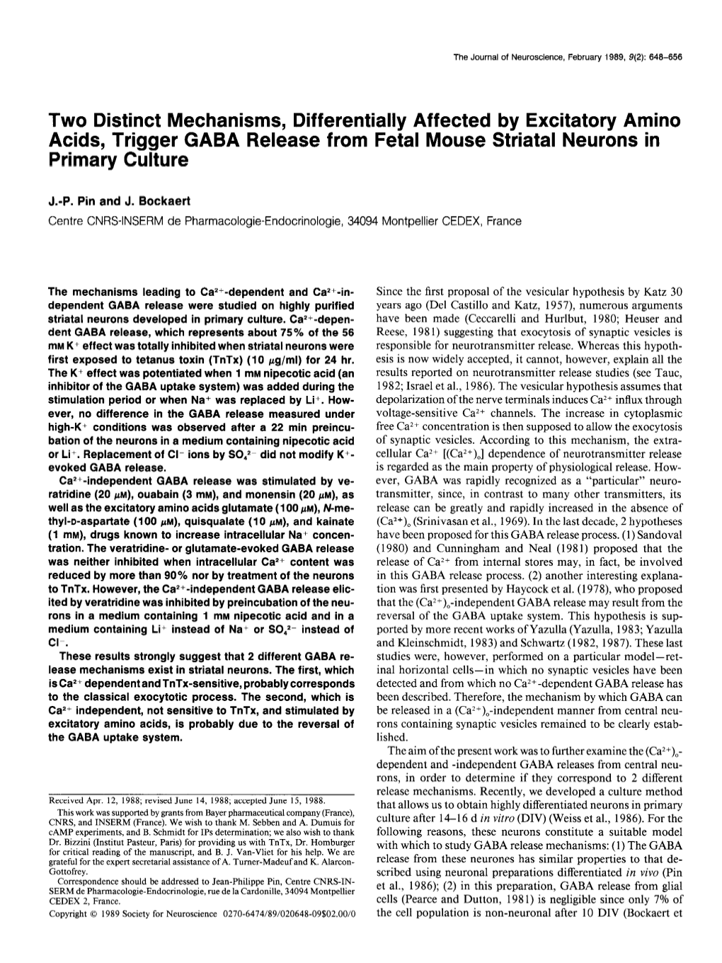 Two Distinct Mechanisms, Differentially Affected by Excitatory Amino Acids, Trigger GABA Release from Fetal Mouse Striatal Neurons in Primary Culture