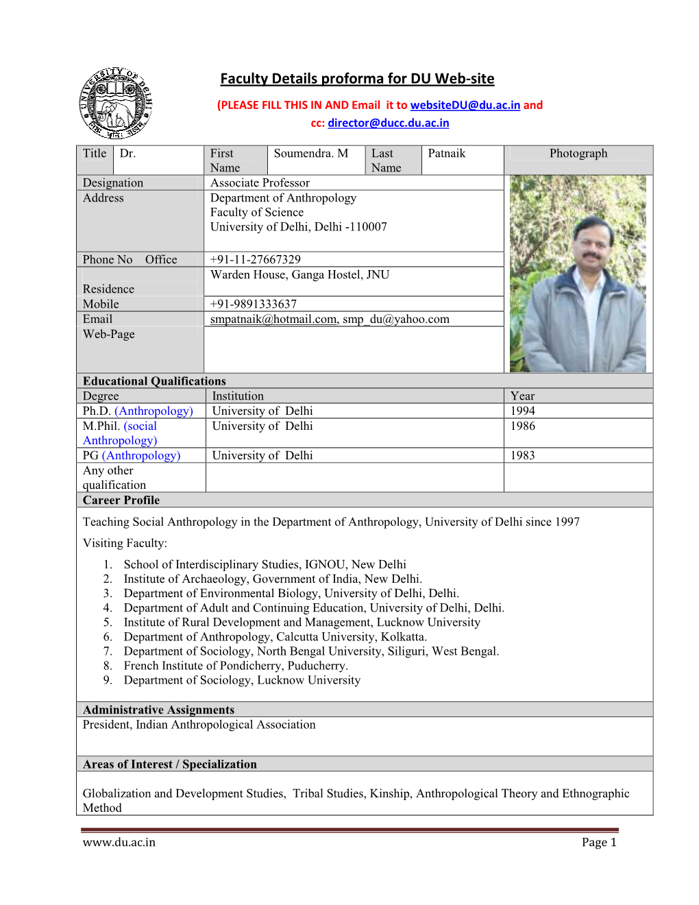 Faculty Details Proforma for DU Web-Site