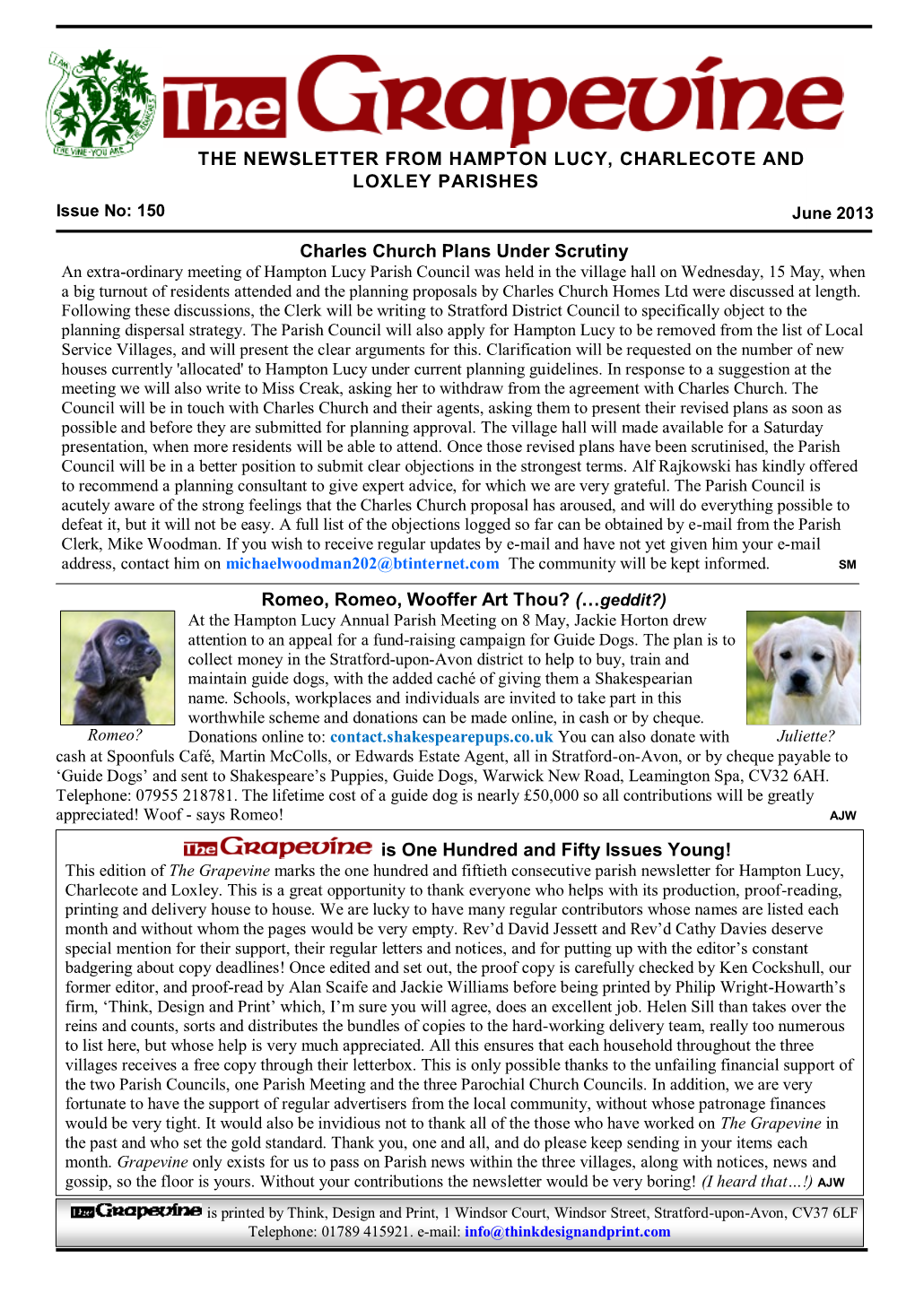 THE NEWSLETTER from HAMPTON LUCY, CHARLECOTE and LOXLEY PARISHES Issue No: 150 June 2013