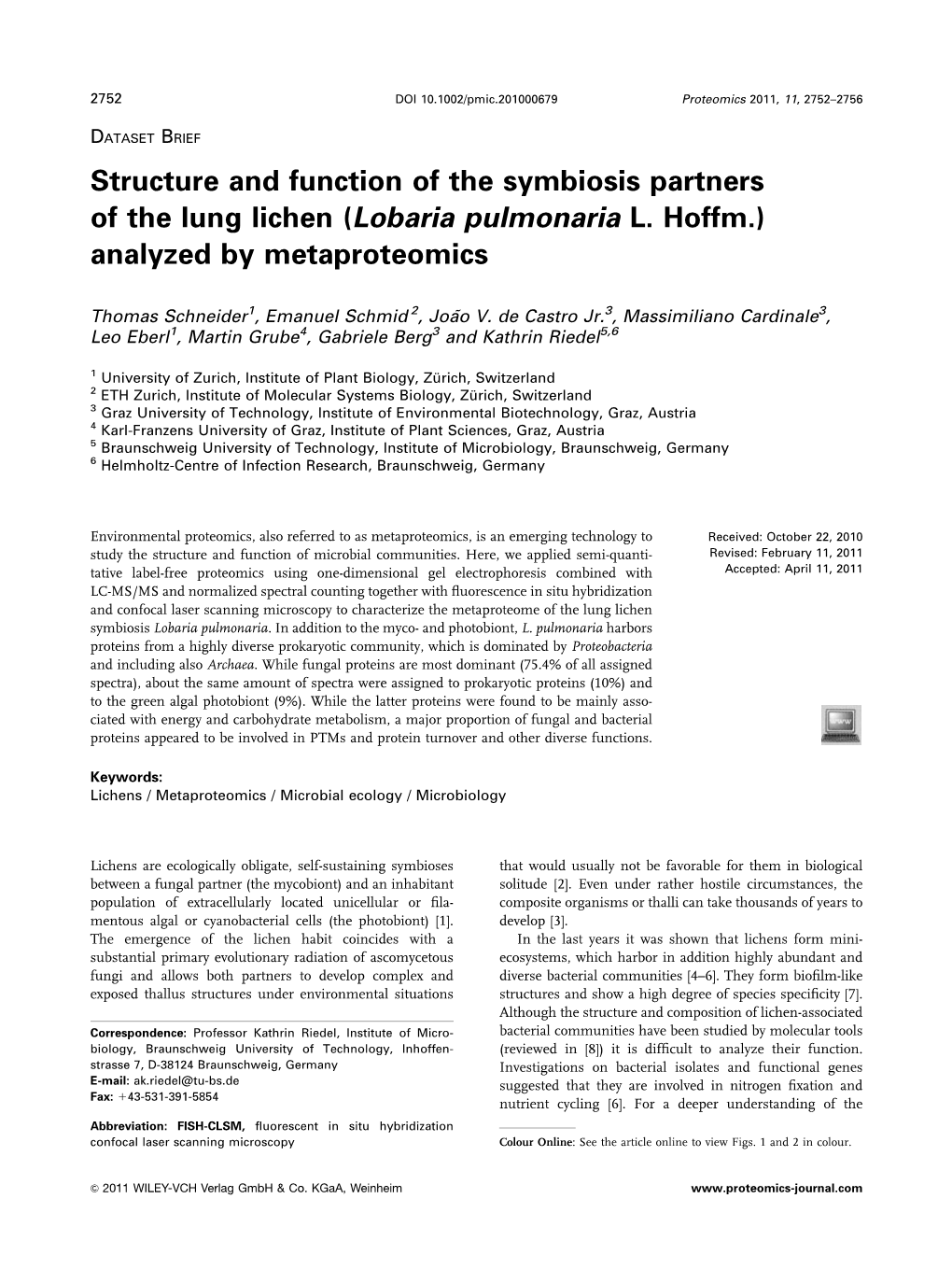 (Lobaria Pulmonaria L. Hoffm.) Analyzed by Metaproteomics