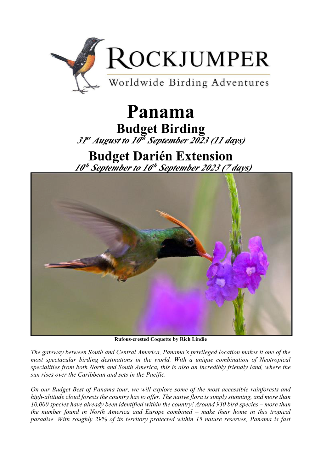 Panama Budget Birding 31St August to 10Th September 2023 (11 Days)