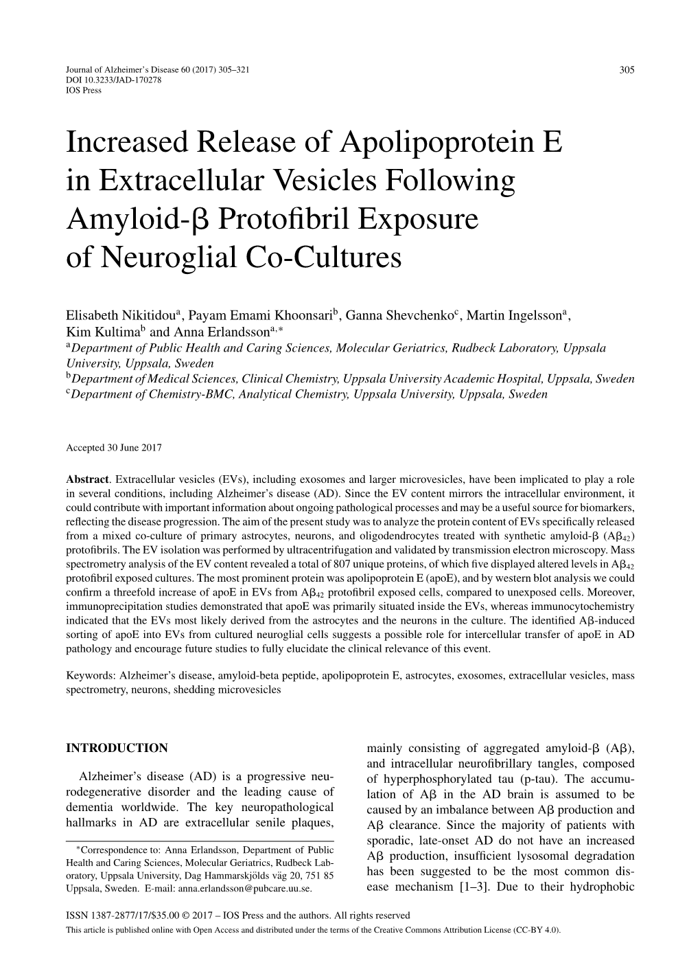 Increased Release of Apolipoprotein E in Extracellular Vesicles Following Amyloid-␤ Protoﬁbril Exposure of Neuroglial Co-Cultures