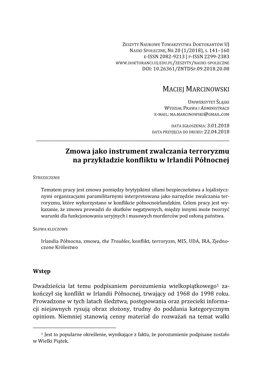 Zmowa Jako Instrument Zwalczania Terroryzmu Na Przykładzie Konfliktu W Irlandii Północnej