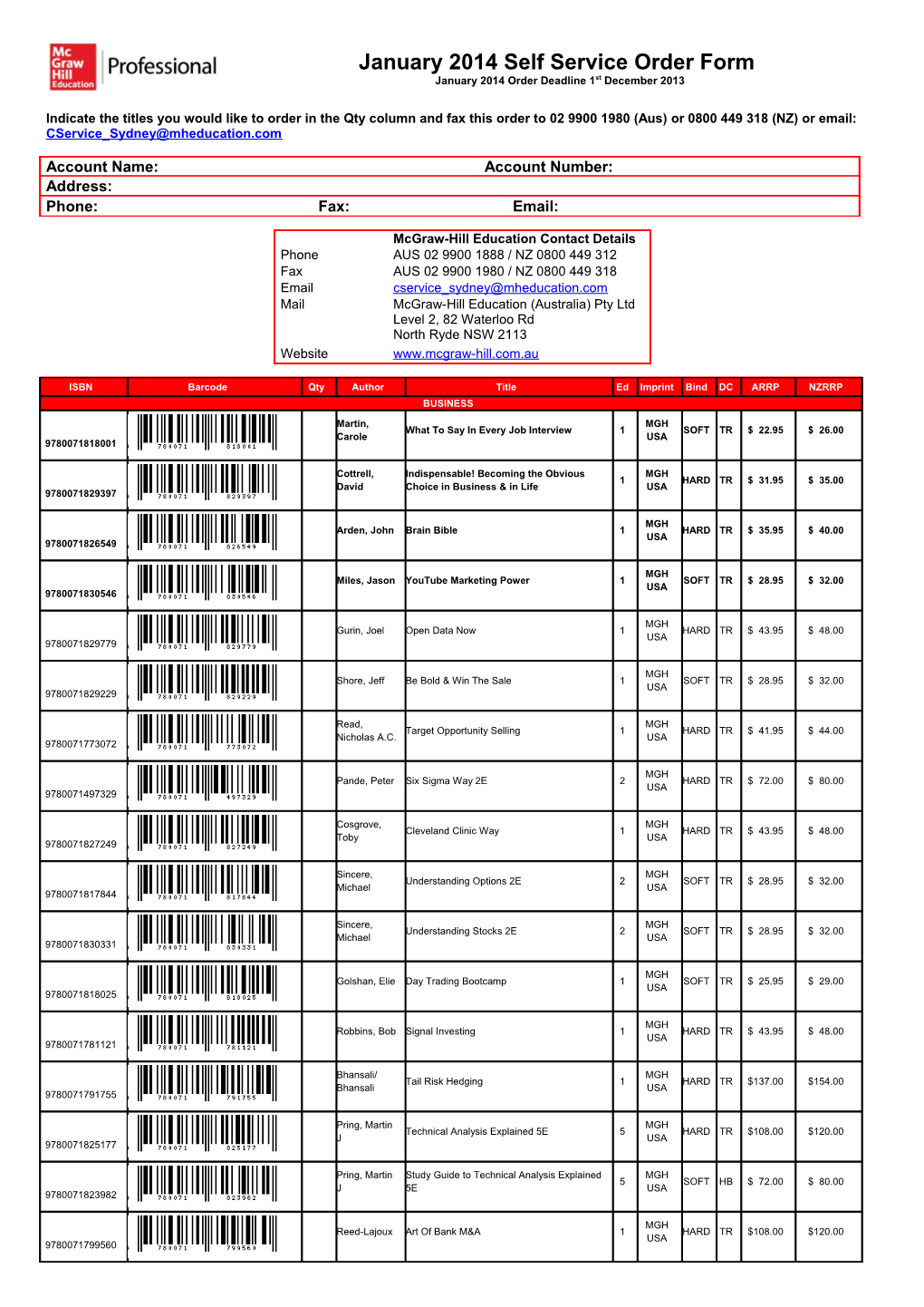 Indicate the Titles You Would Like to Order in the Qty Column and Fax This Order to 02 s1