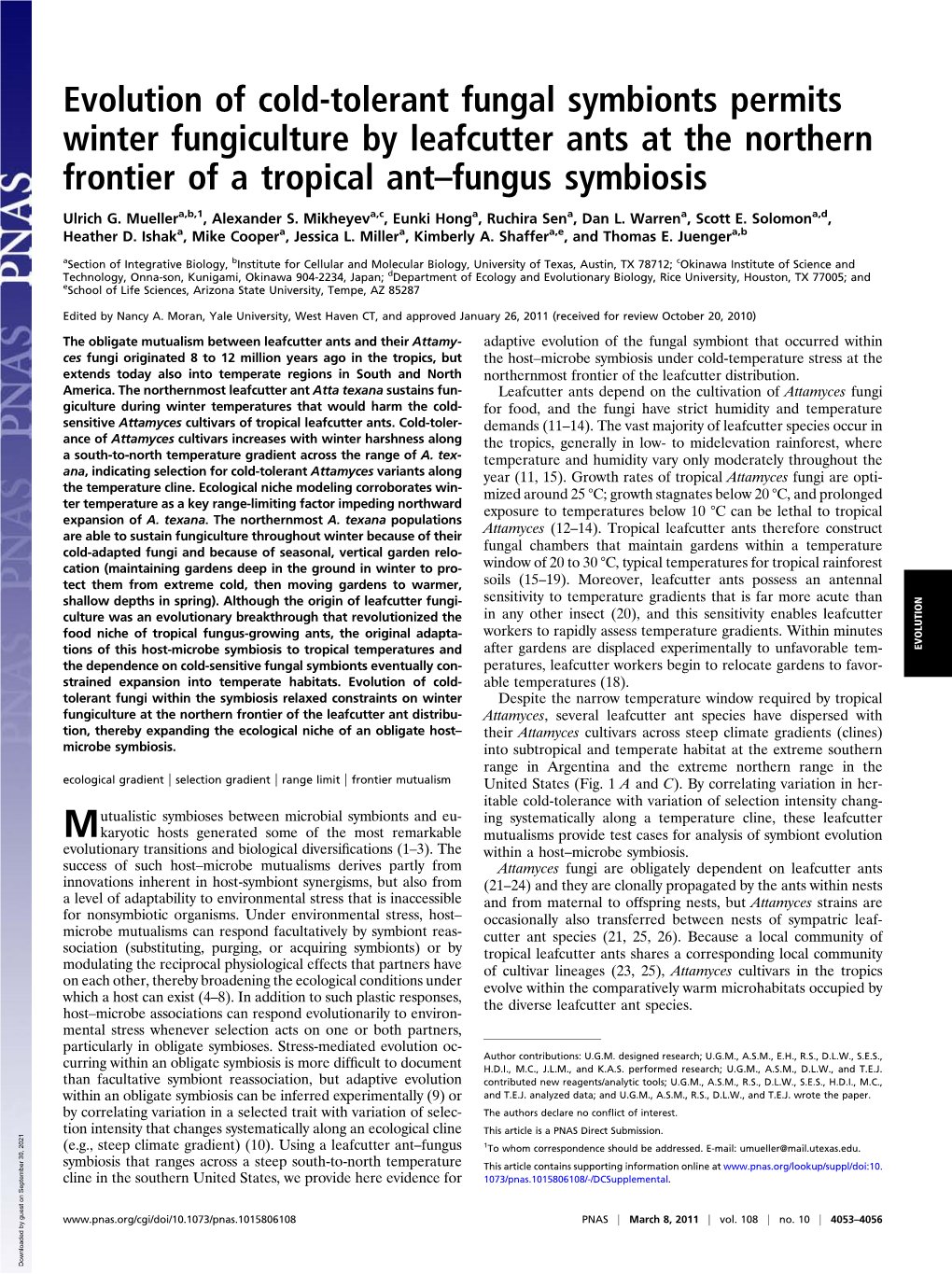 Evolution of Cold-Tolerant Fungal Symbionts Permits Winter Fungiculture by Leafcutter Ants at the Northern Frontier of a Tropical Ant–Fungus Symbiosis