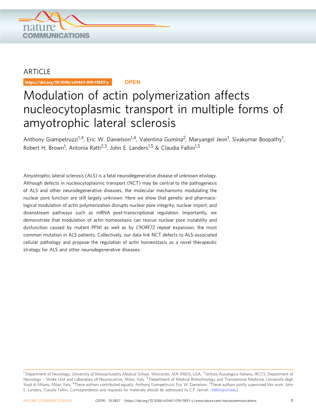 Modulation of Actin Polymerization Affects Nucleocytoplasmic Transport in Multiple Forms of Amyotrophic Lateral Sclerosis