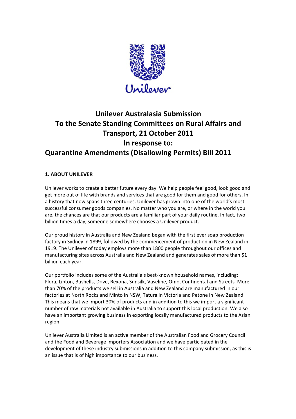 Unilever Australasia Submission to the Senate Standing Committees