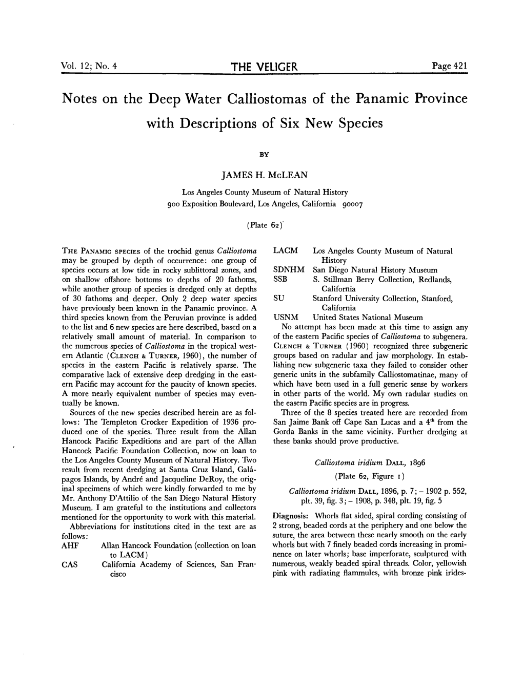 Notes on the Deep Water Calliostomas of the Panamic Province with Descriptions of Six New Species