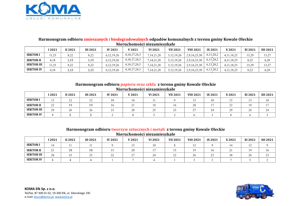 Harmonogram Odbioru Zmieszanych I Biodegradowalnych Odpadów Komunalnych Z Terenu Gminy Kowale Oleckie Nieruchomości Niezamiesz