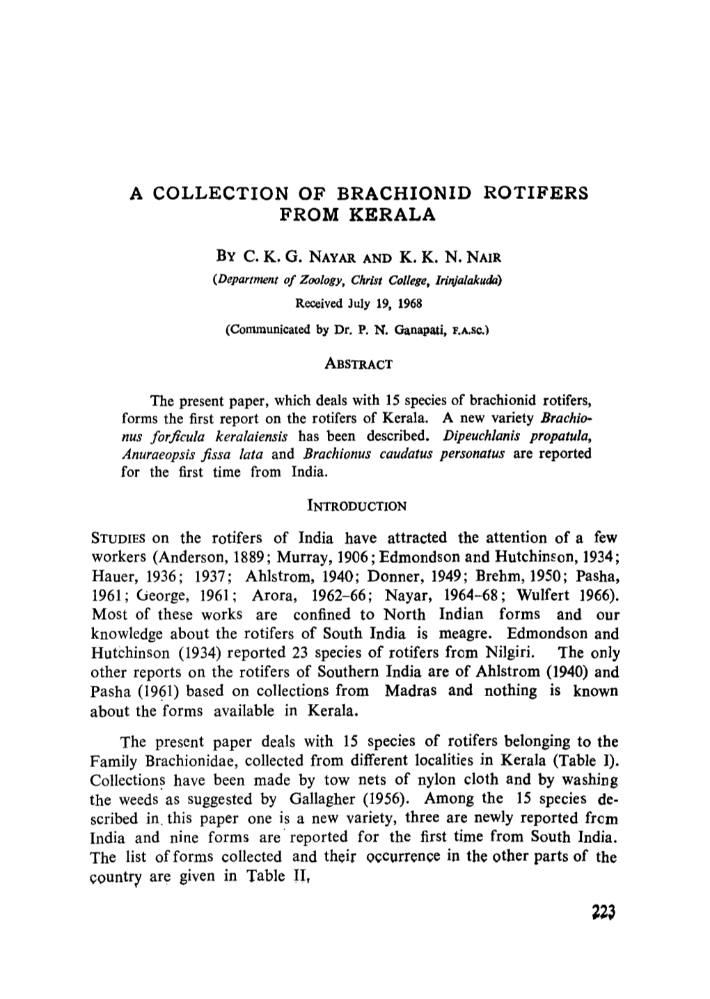 A Collection of Brachionid Rotifers from Kerala by Ckg Nayar and Kkn Nair