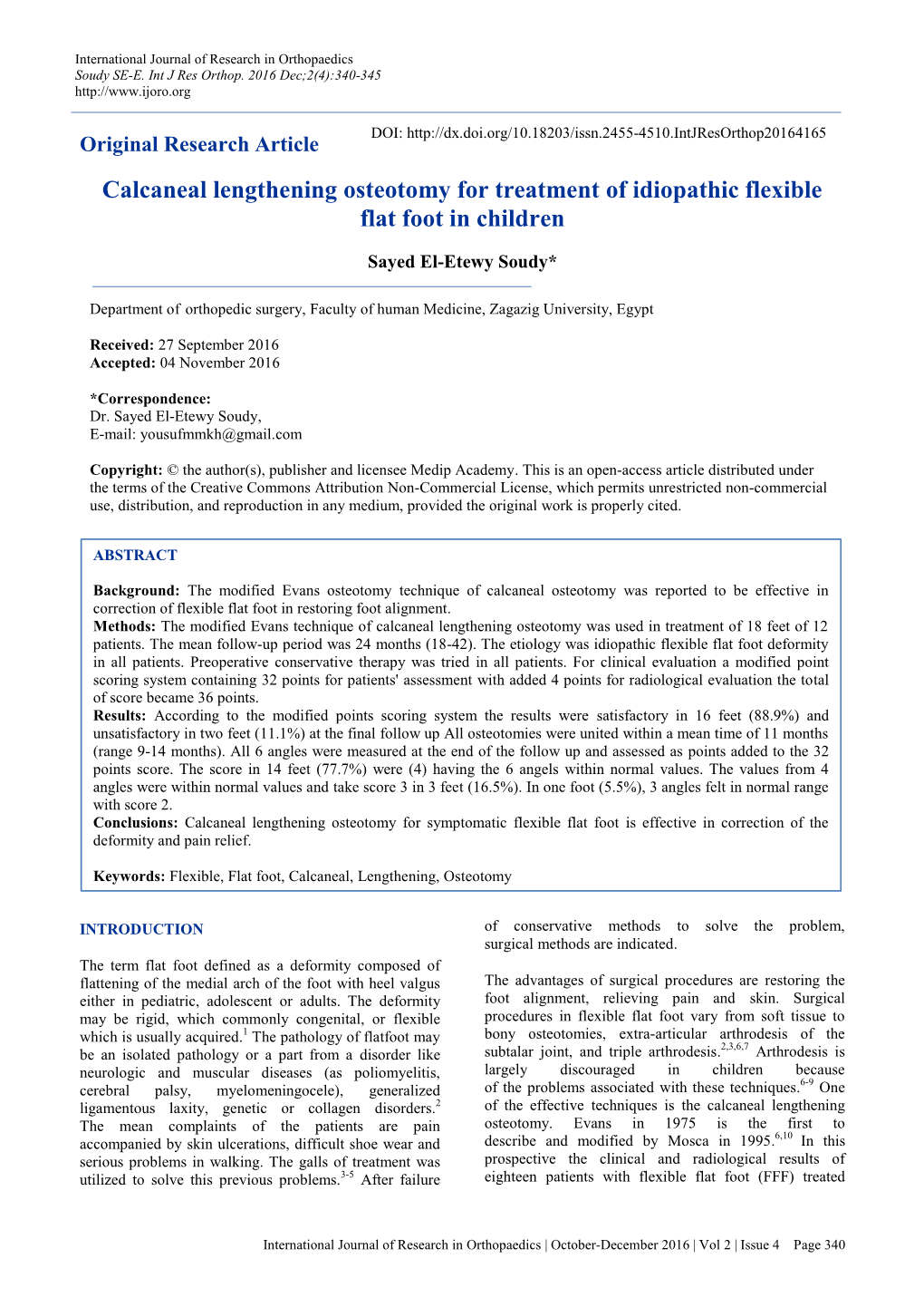 Calcaneal Lengthening Osteotomy for Treatment of Idiopathic Flexible Flat Foot in Children