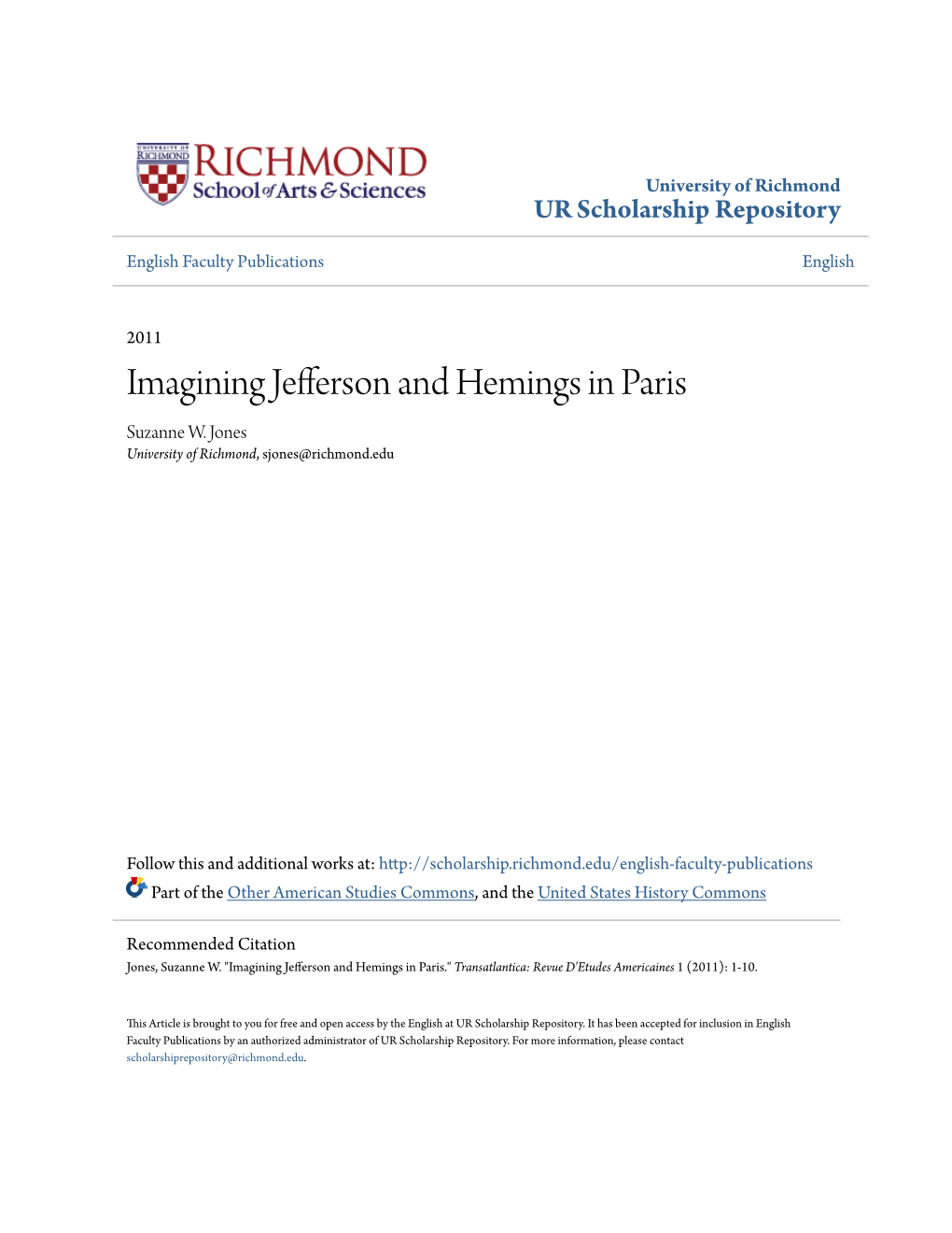 Imagining Jefferson and Hemings in Paris Suzanne W