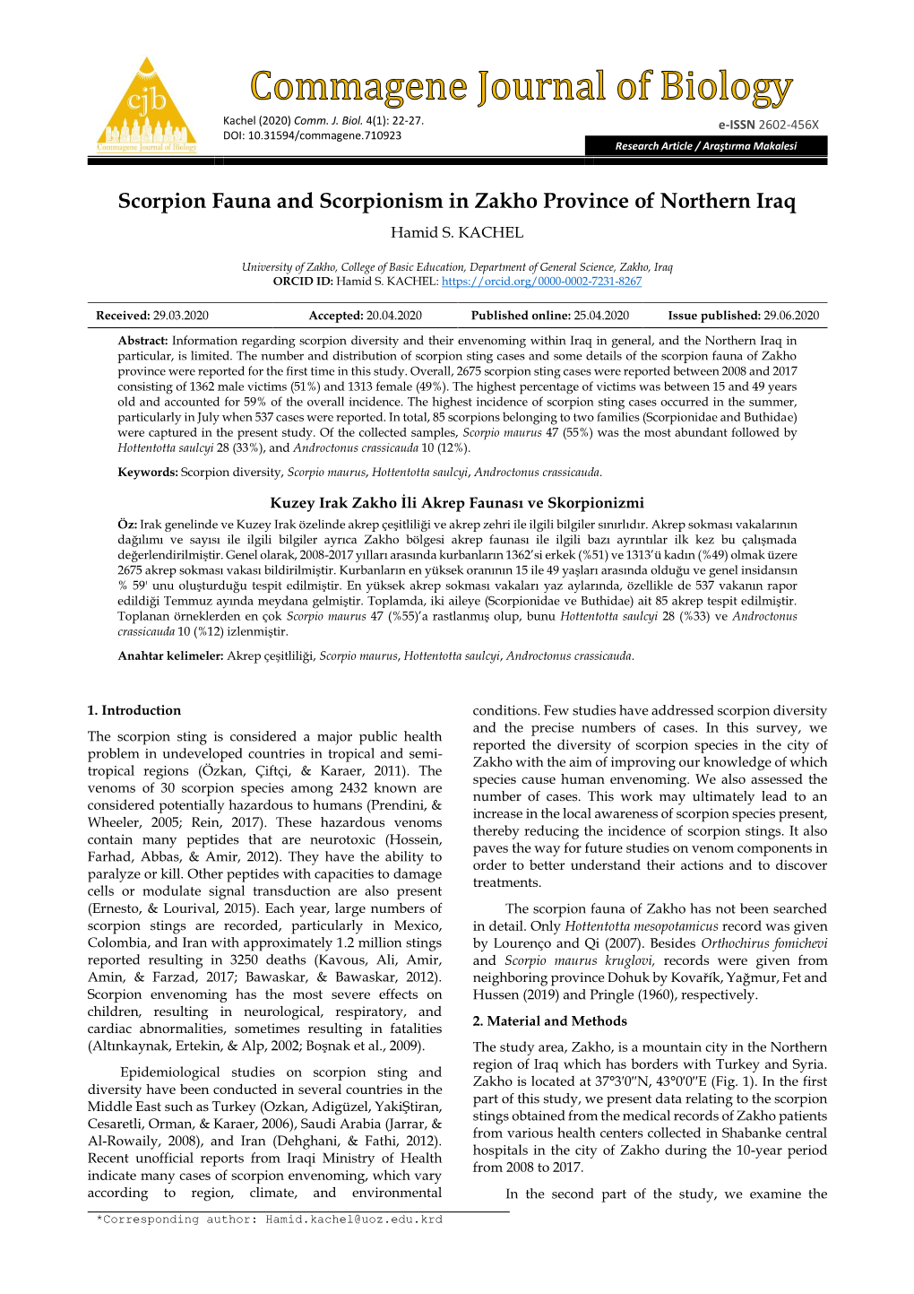 Scorpion Fauna and Scorpionism in Zakho Province of Northern Iraq Hamid S