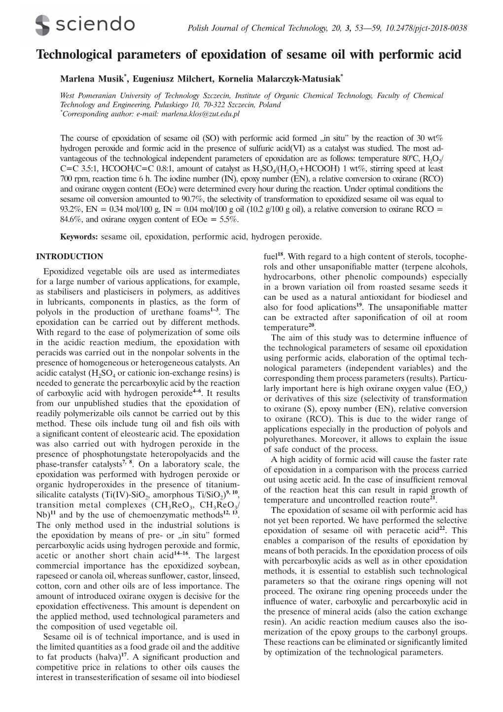 Technological Parameters of Epoxidation of Sesame Oil with Performic Acid