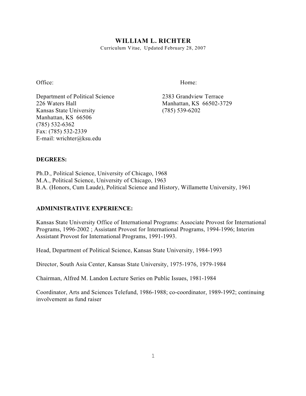 WILLIAM L. RICHTER Curriculum Vitae, Updated February 28, 2007