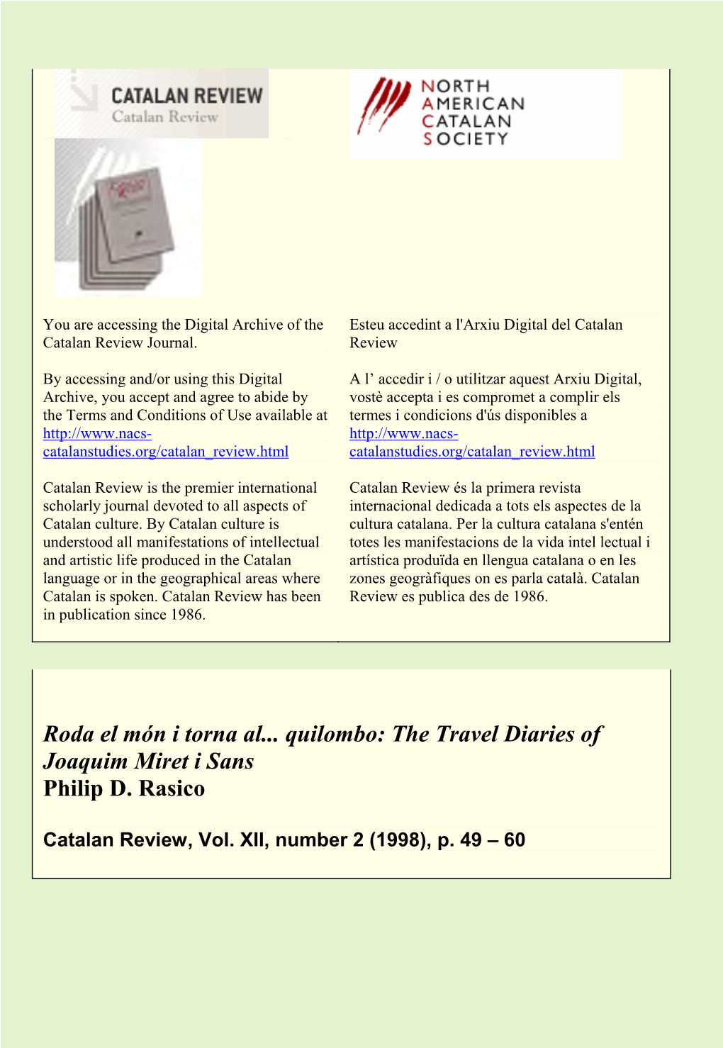 The Travel Diaries of Joaquim Miret I Sans Philip D. Rasico