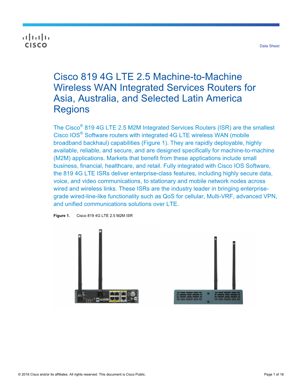 Cisco 819 4G LTE 2.5 Machine-To-Machine Wireless WAN Integrated Services Routers for Asia, Australia, and Selected Latin America Regions