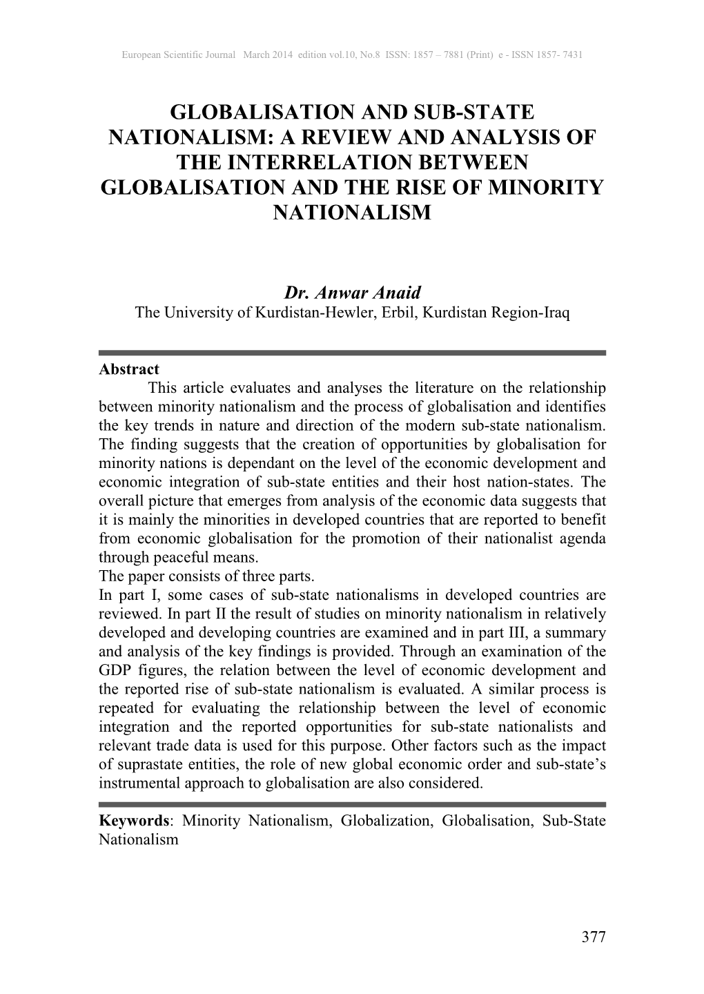 Globalisation and Sub-State Nationalism: a Review and Analysis of the Interrelation Between Globalisation and the Rise of Minority Nationalism