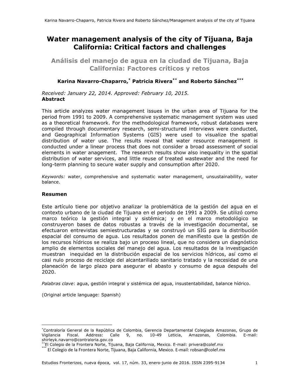 Water Management Analysis of the City of Tijuana, Baja California: Critical Factors and Challenges