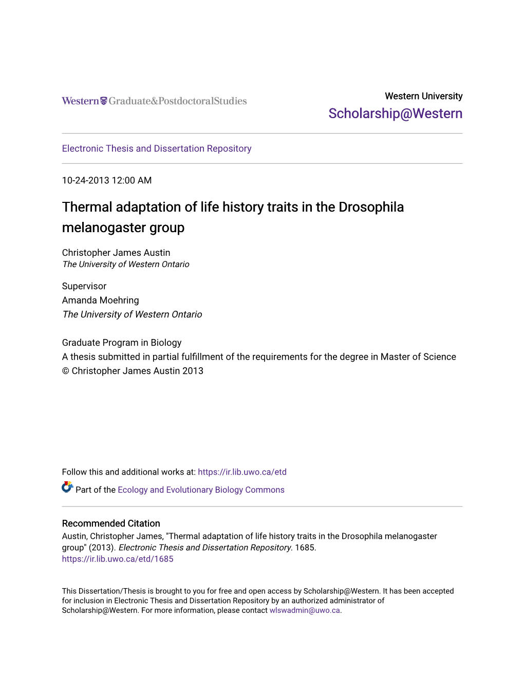 Thermal Adaptation of Life History Traits in the Drosophila Melanogaster Group