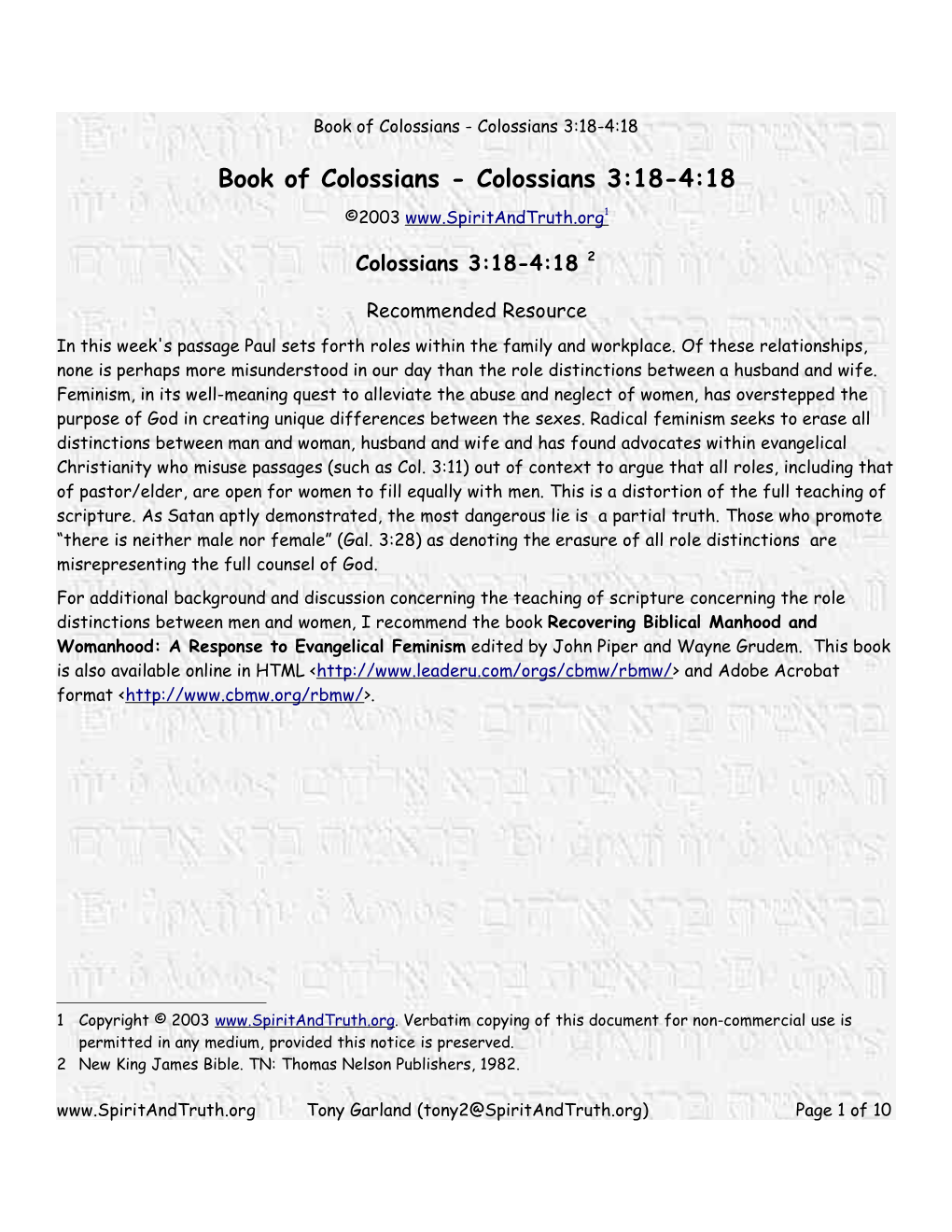 Book of Colossians - Colossians 3:18-4:18
