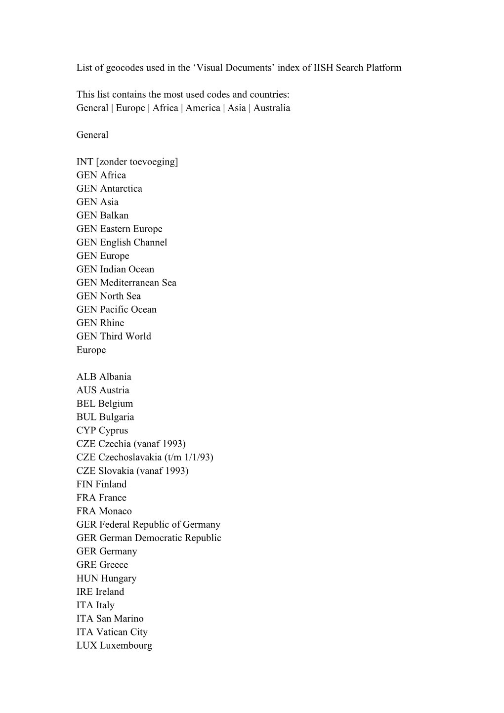 List of Geocodes Used in the 'Visual Documents' Index of IISH Search