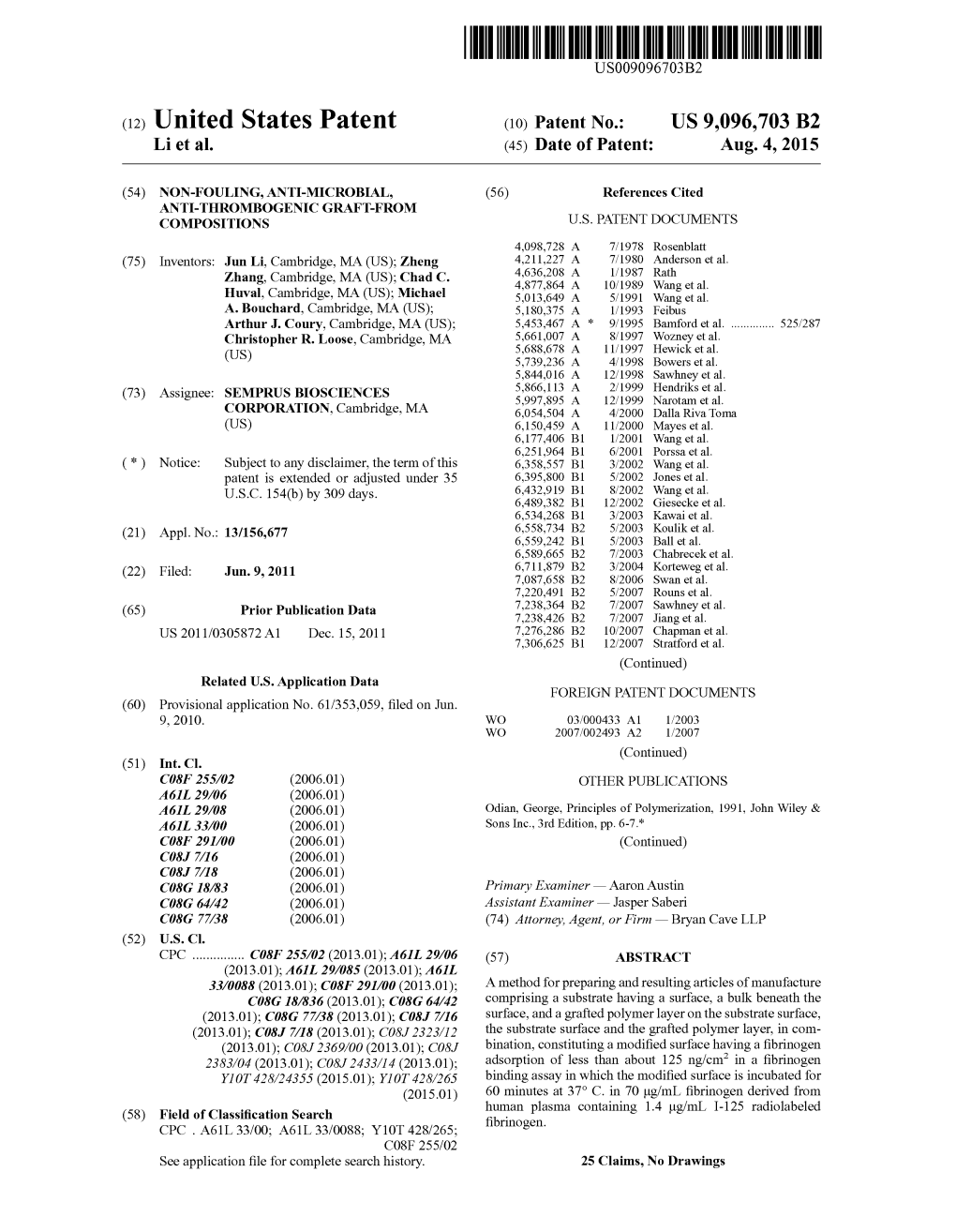 (12) United States Patent (10) Patent No.: US 9,096,703 B2 Li Et Al