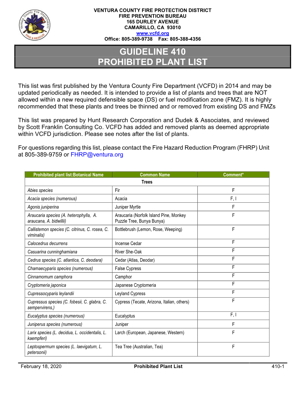 Guideline 410 Prohibited Plant List