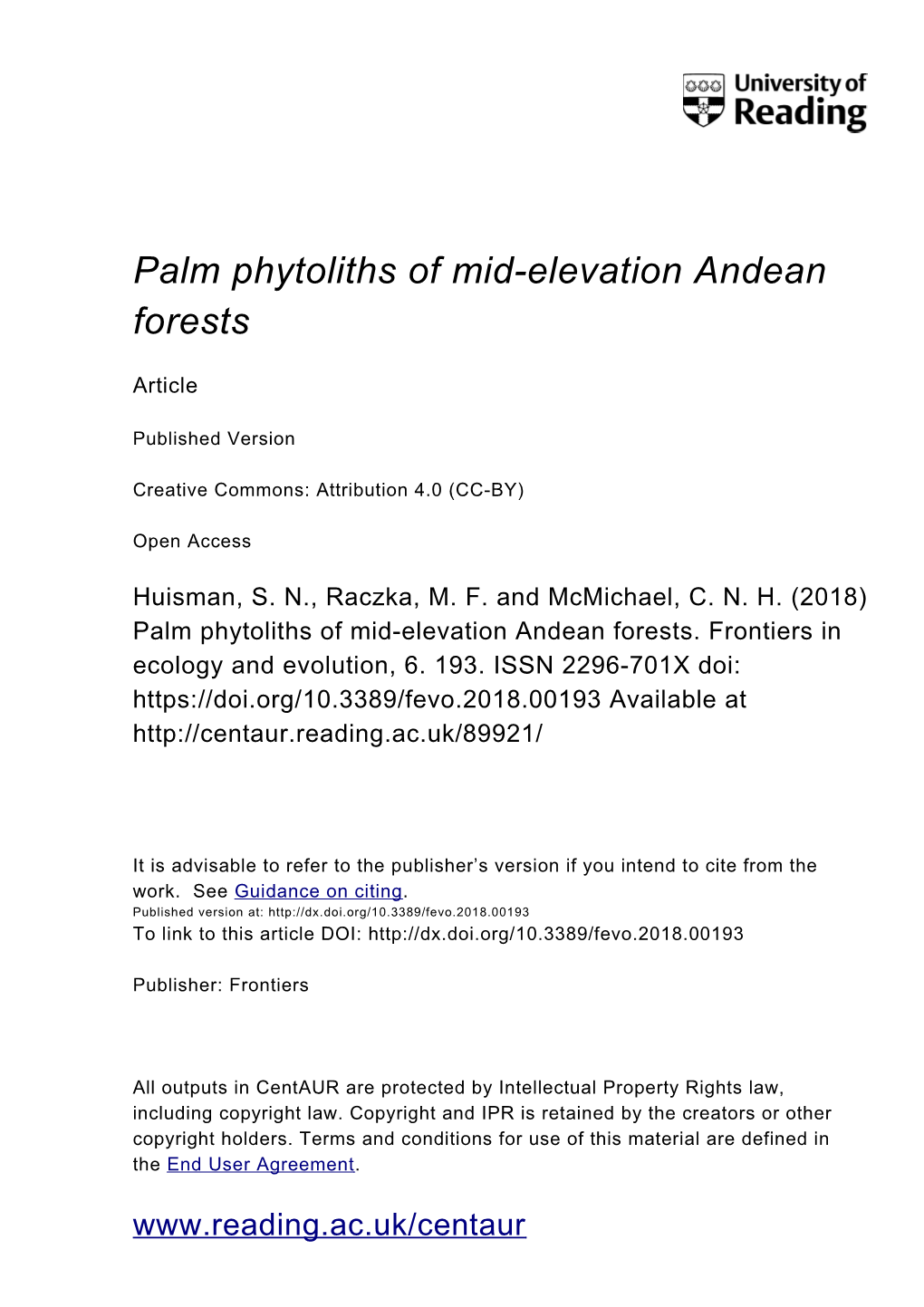 Palm Phytoliths of Mid-Elevation Andean Forests