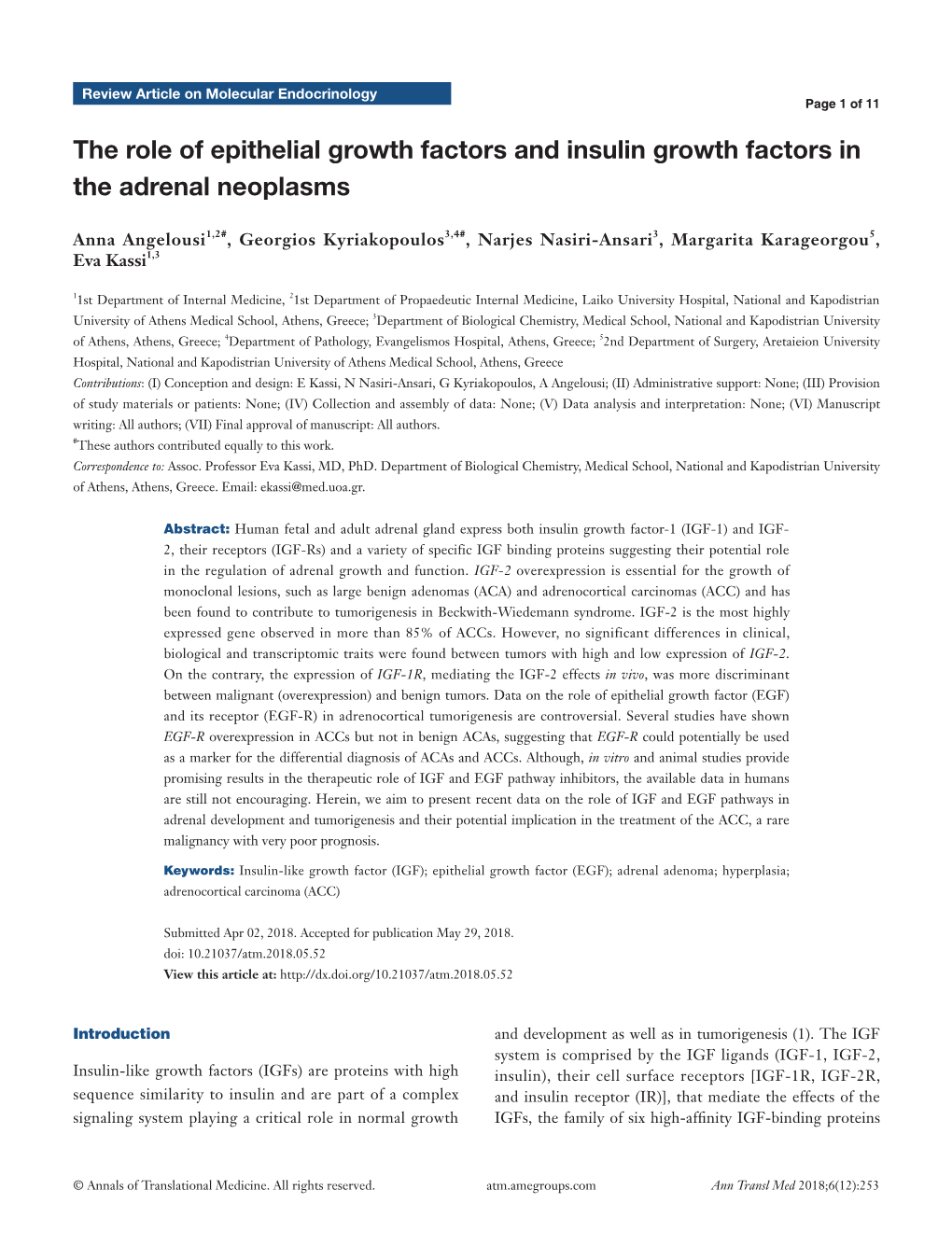 The Role of Epithelial Growth Factors and Insulin Growth Factors in the Adrenal Neoplasms