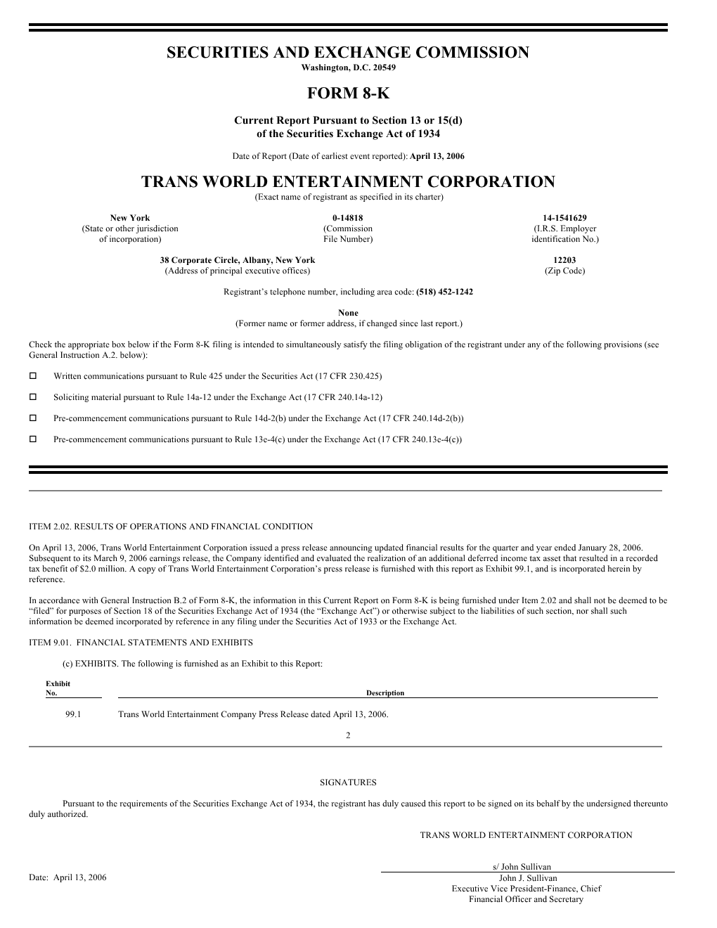 Securities and Exchange Commission Form 8-K Trans
