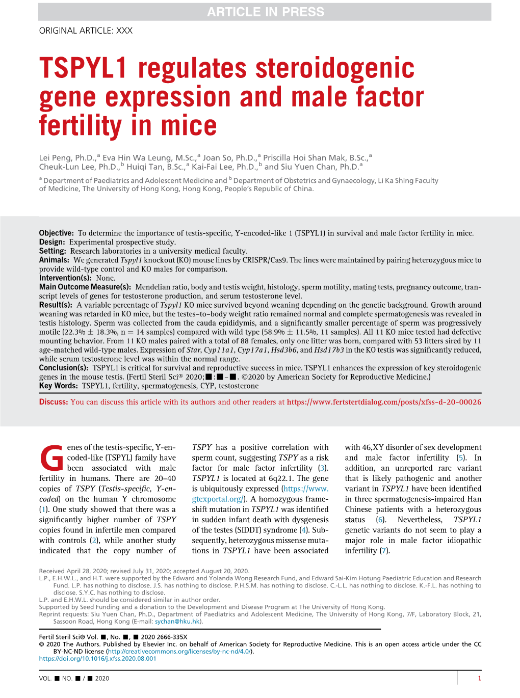 TSPYL1 Regulates Steroidogenic Gene Expression and Male Factor Fertility in Mice