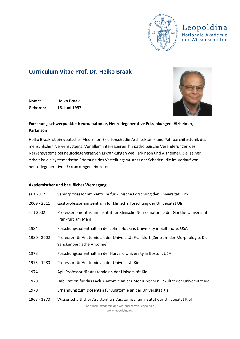 Curriculum Vitae Prof. Dr. Heiko Braak