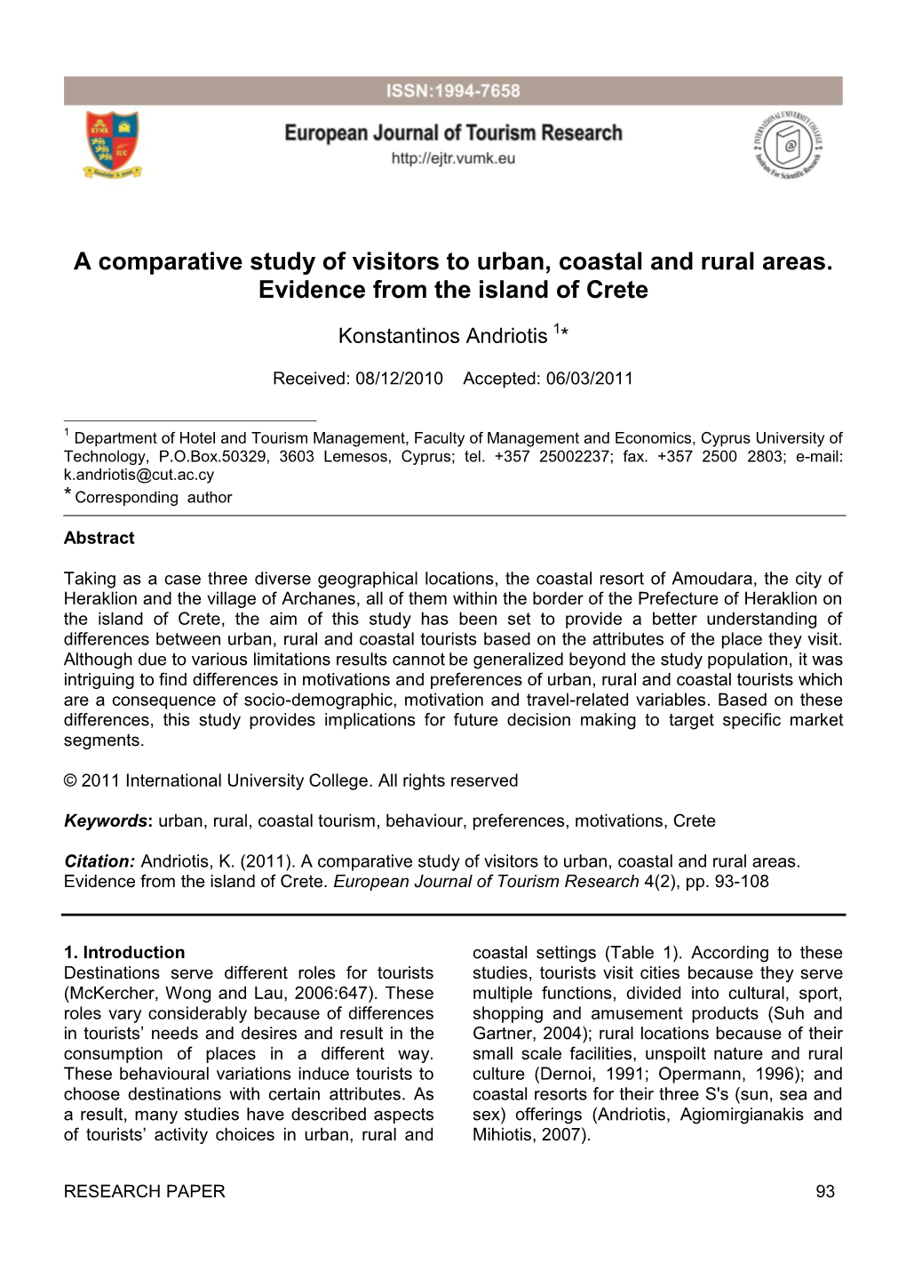 A Comparative Study of Visitors to Urban, Coastal and Rural Areas