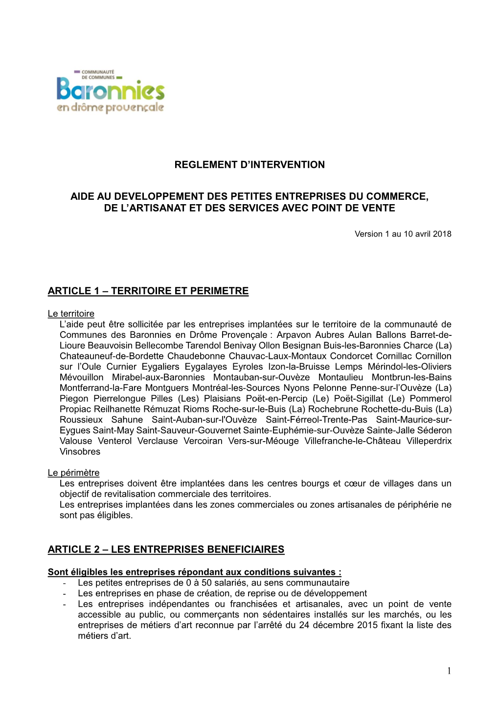 1 Reglement D'intervention Aide Au Developpement Des