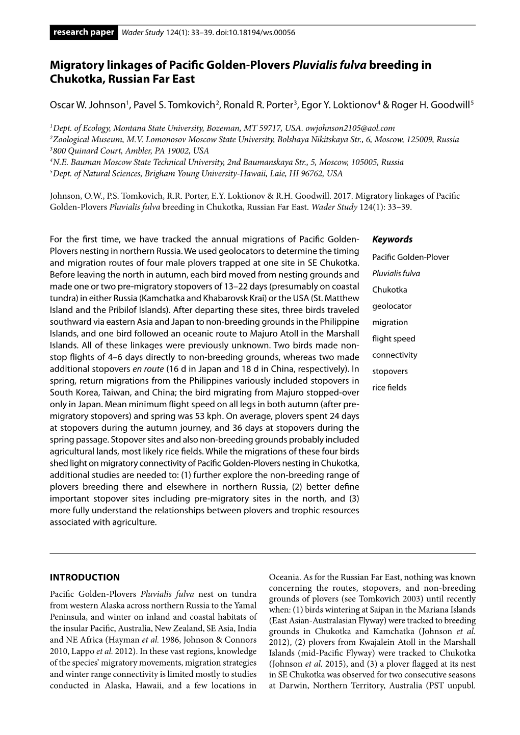 Migratory Linkages of Pacific Golden-Plovers Pluvialis Fulva Breeding in Chukotka, Russian Far East