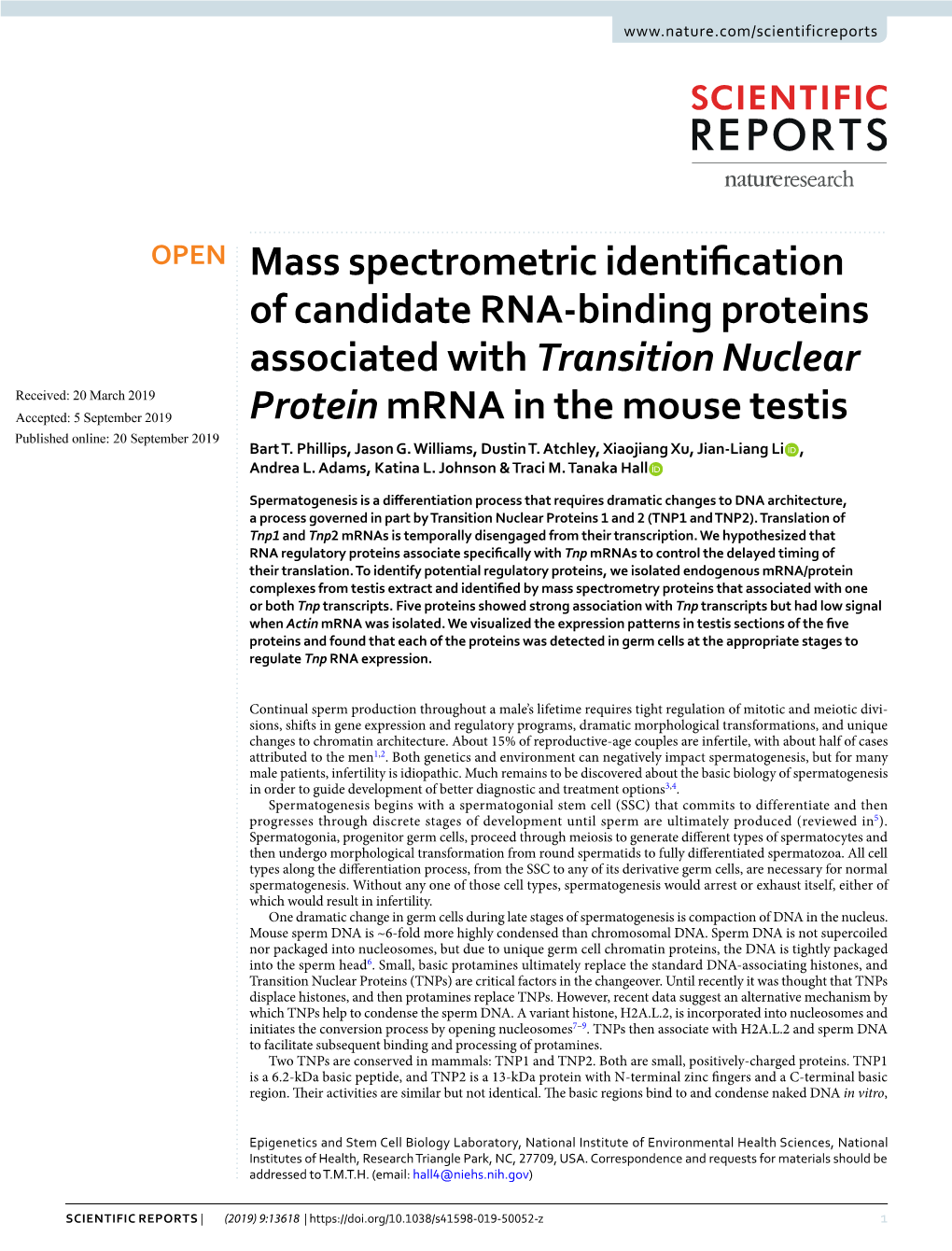 Mass Spectrometric Identification of Candidate RNA-Binding Proteins Associated with Transition Nuclear Protein Mrna in the Mouse