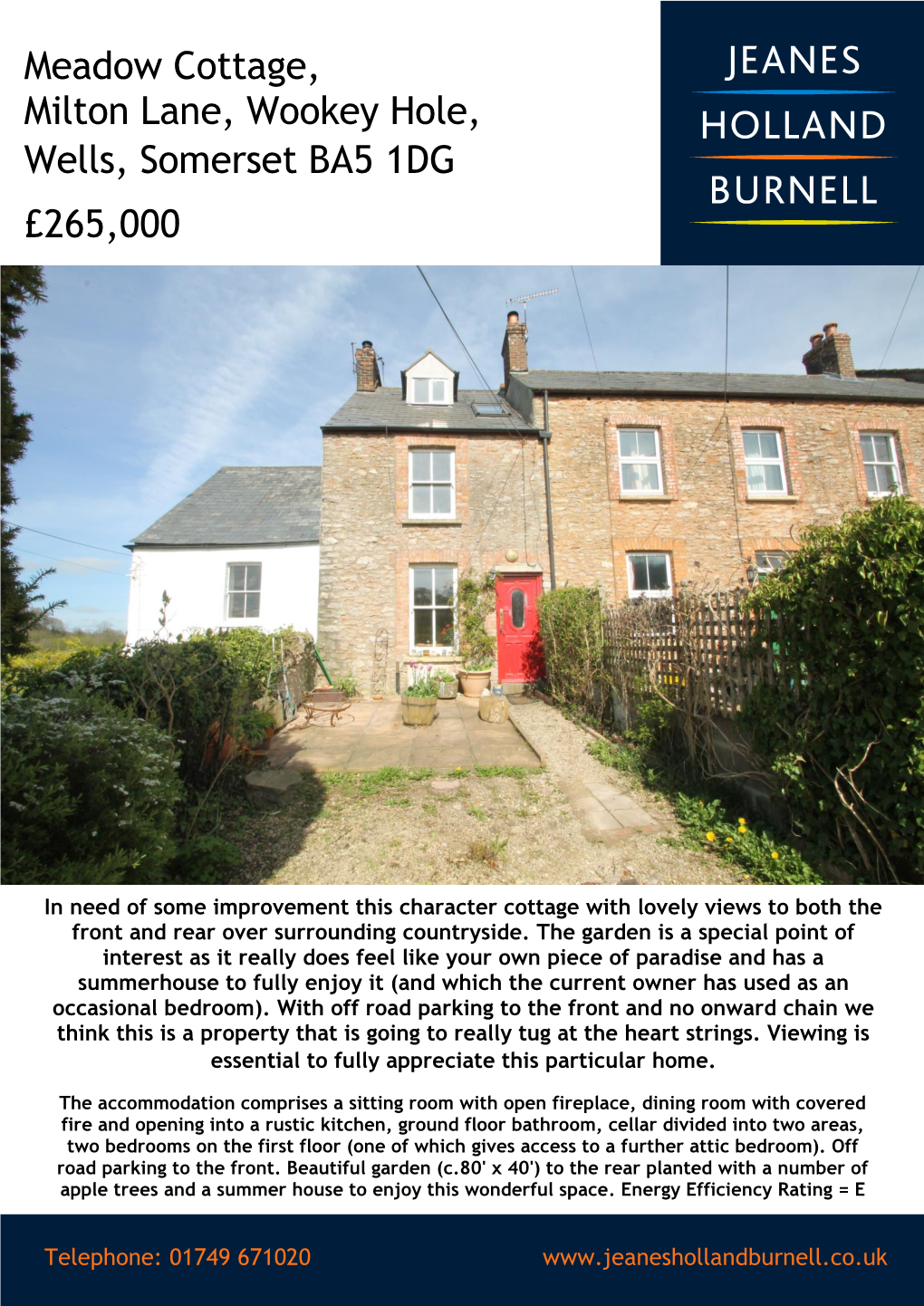 Meadow Cottage, Milton Lane, Wookey Hole, Wells, Somerset BA5 1DG £265,000