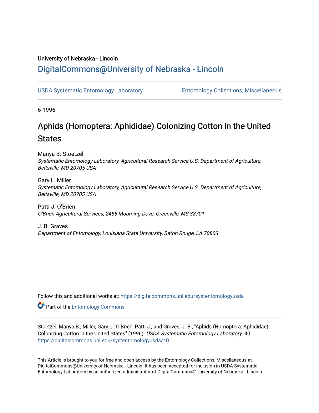 Aphids (Homoptera: Aphididae) Colonizing Cotton in the United States