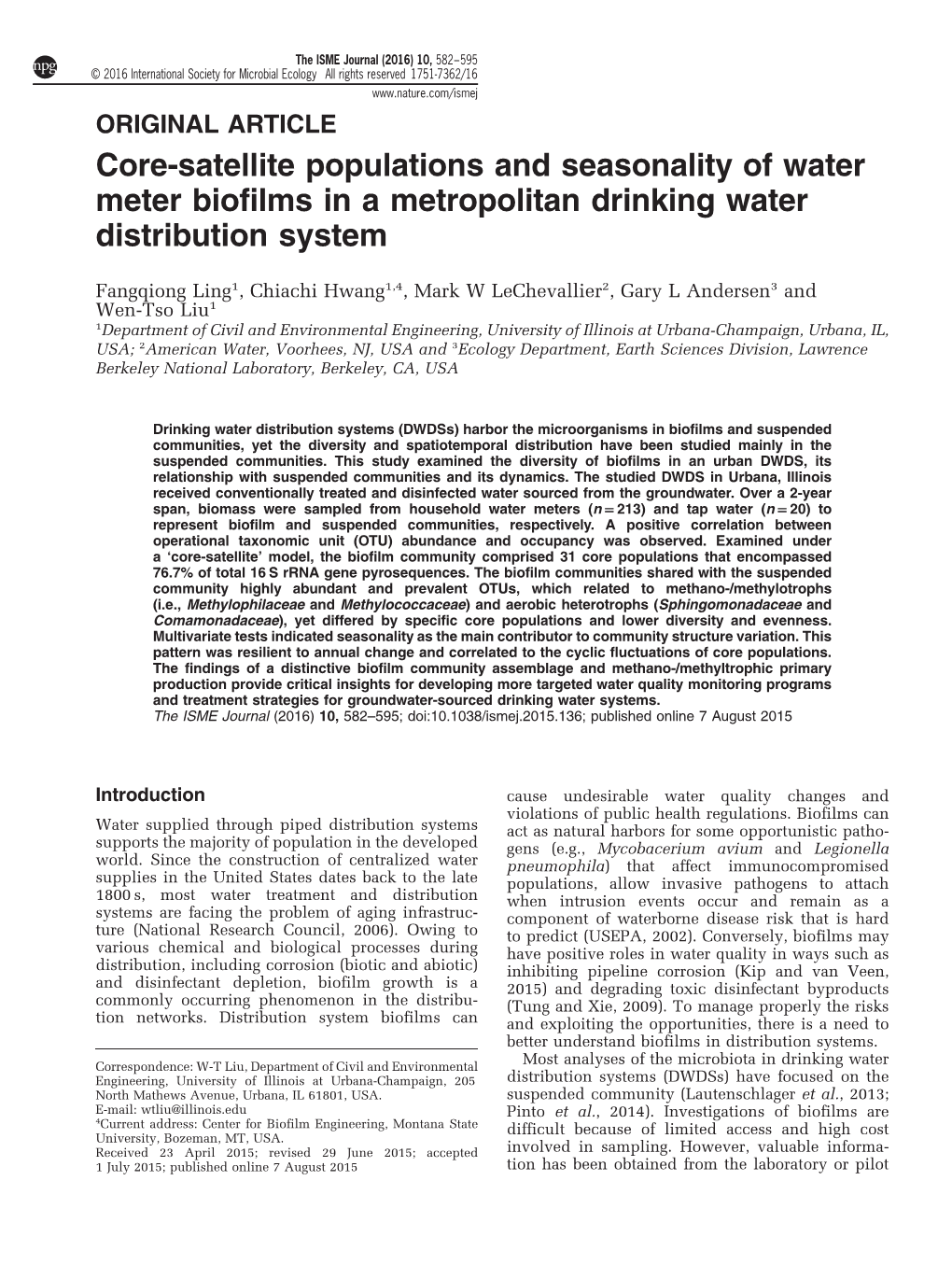 Core-Satellite Populations and Seasonality of Water Meter Biofilms in a Metropolitan Drinking Water Distribution System