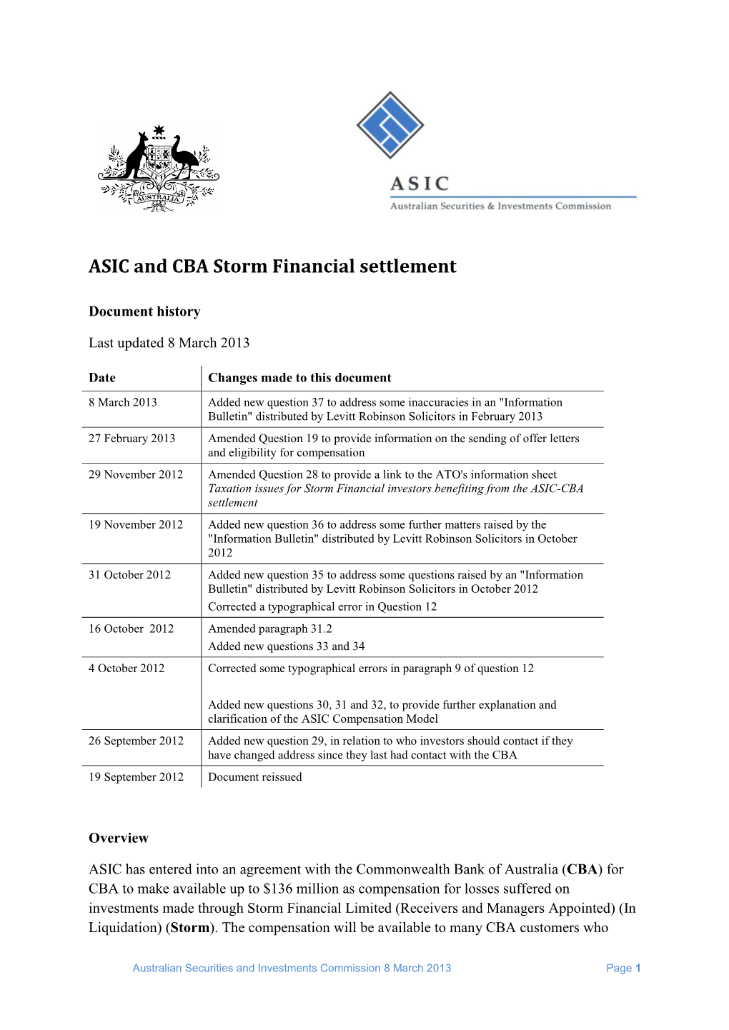 ASIC and CBA Storm Financial Settlement