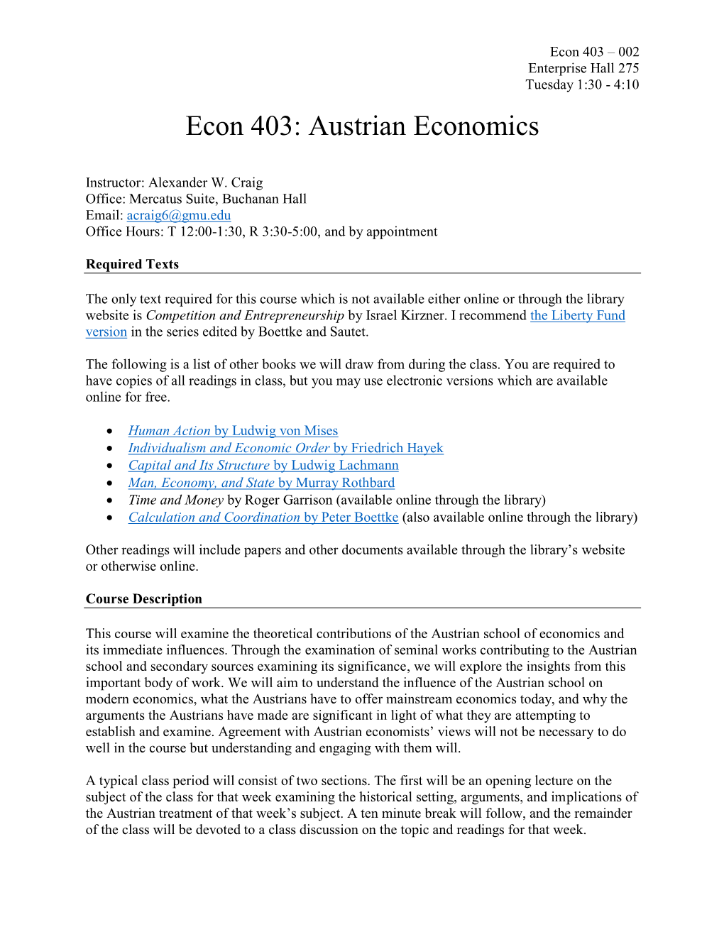 Econ 403: Austrian Economics