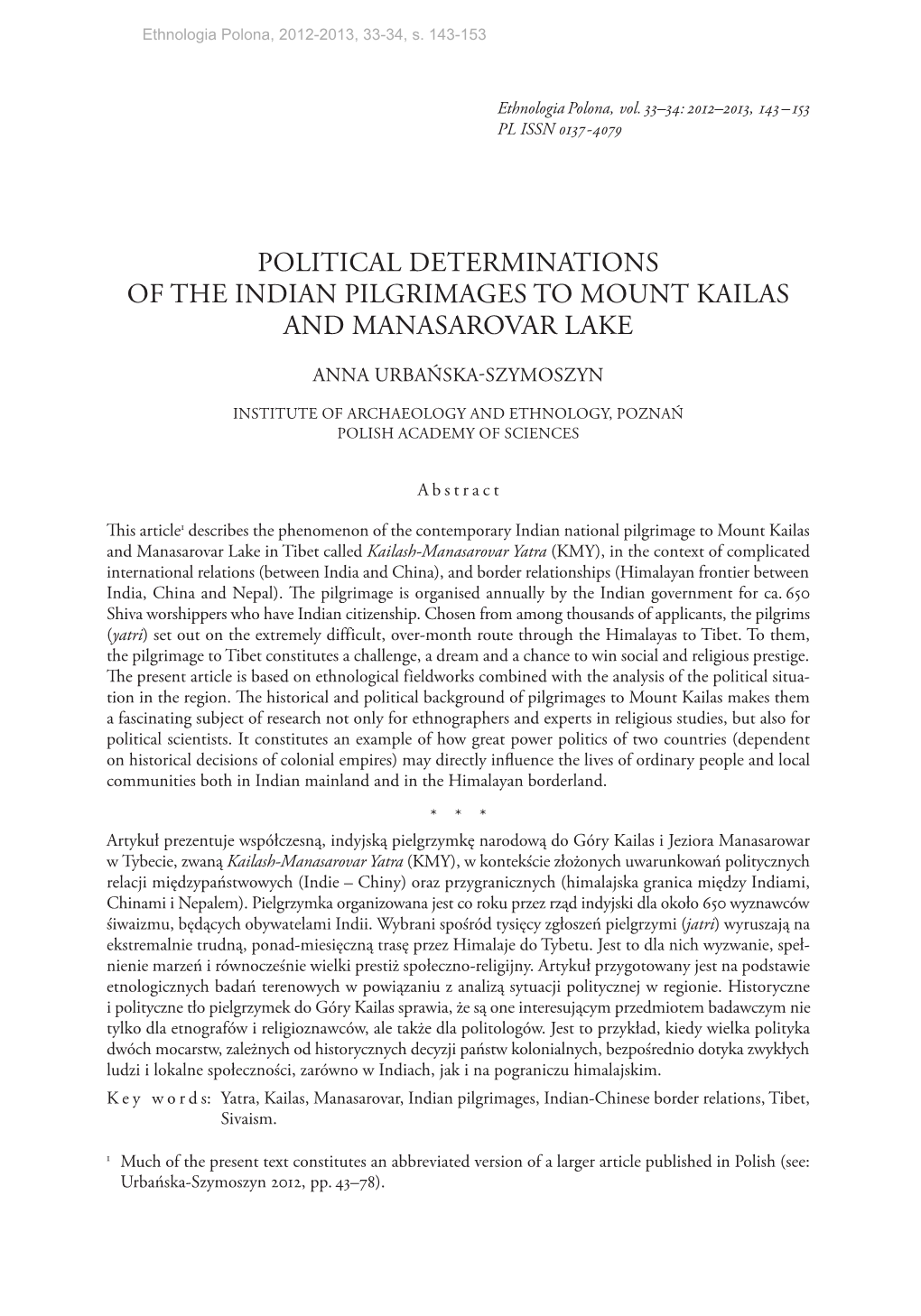 Political Determinants of Indian Pilgrimages to Mount Kailas and Manasarovar Lake